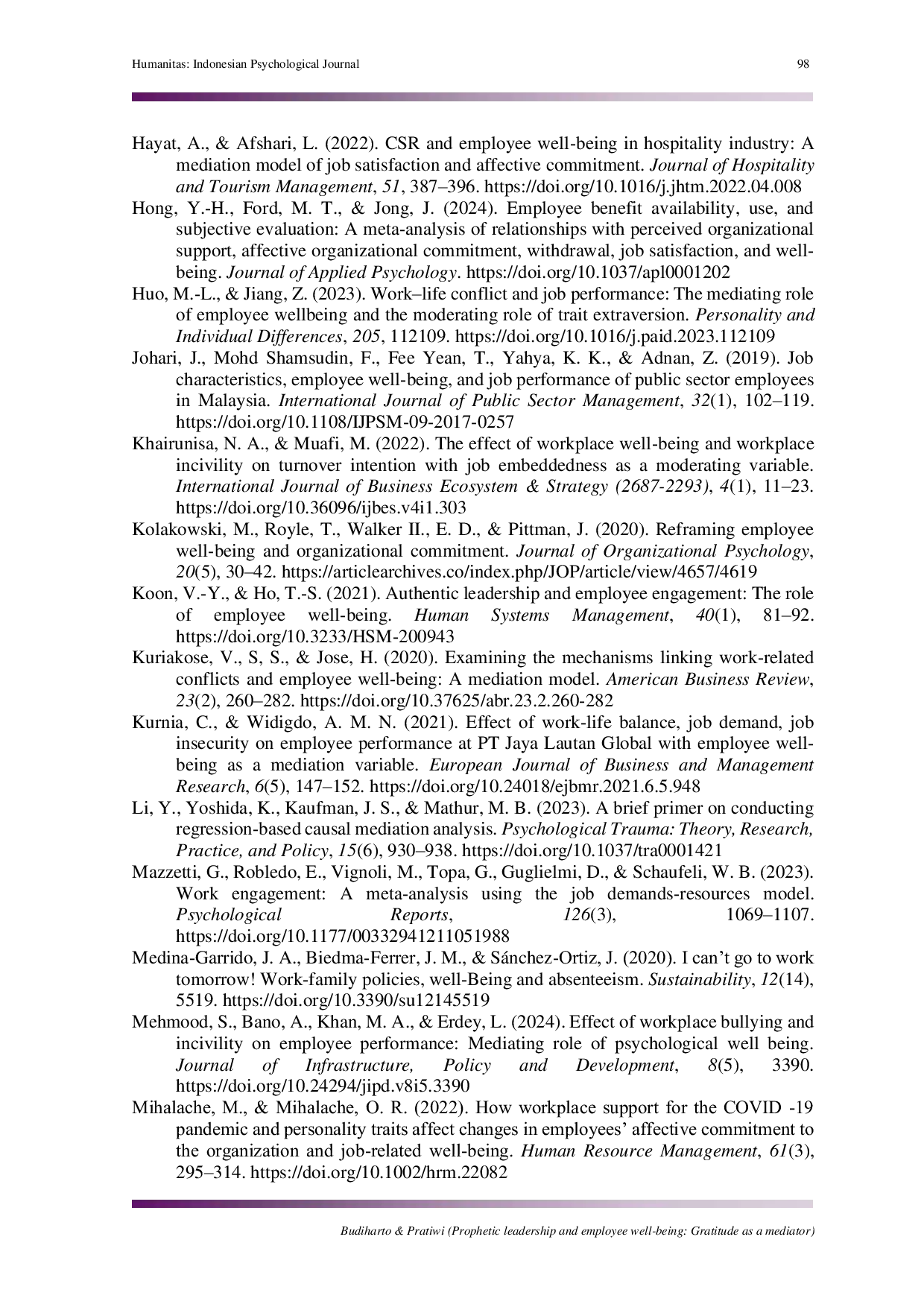 JURIS Prophetic leadership and employee well being Gratitude as a mediator