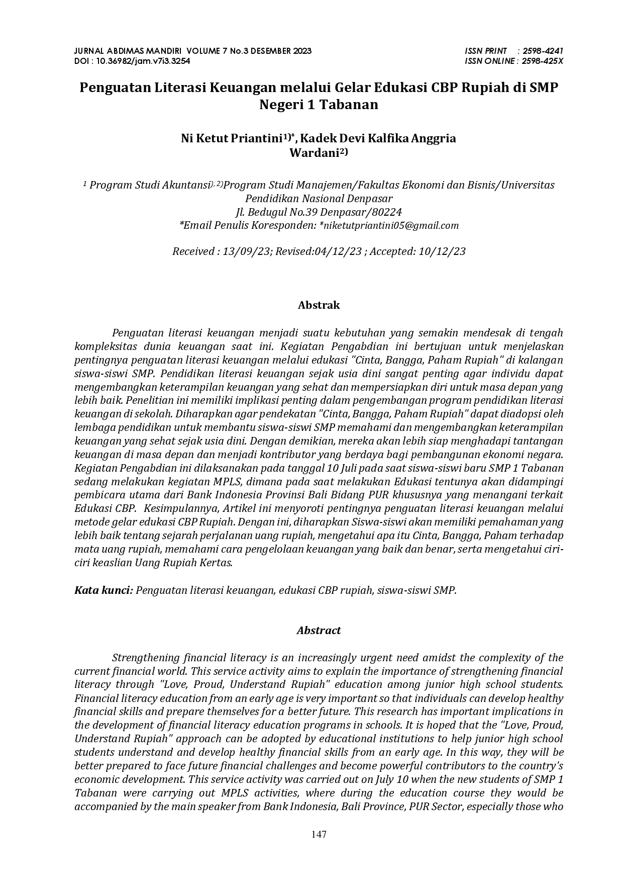 juris Penguatan Literasi Keuangan melalui Gelar Edukasi CBP Rupiah di SMP Negeri 1 Tabanan