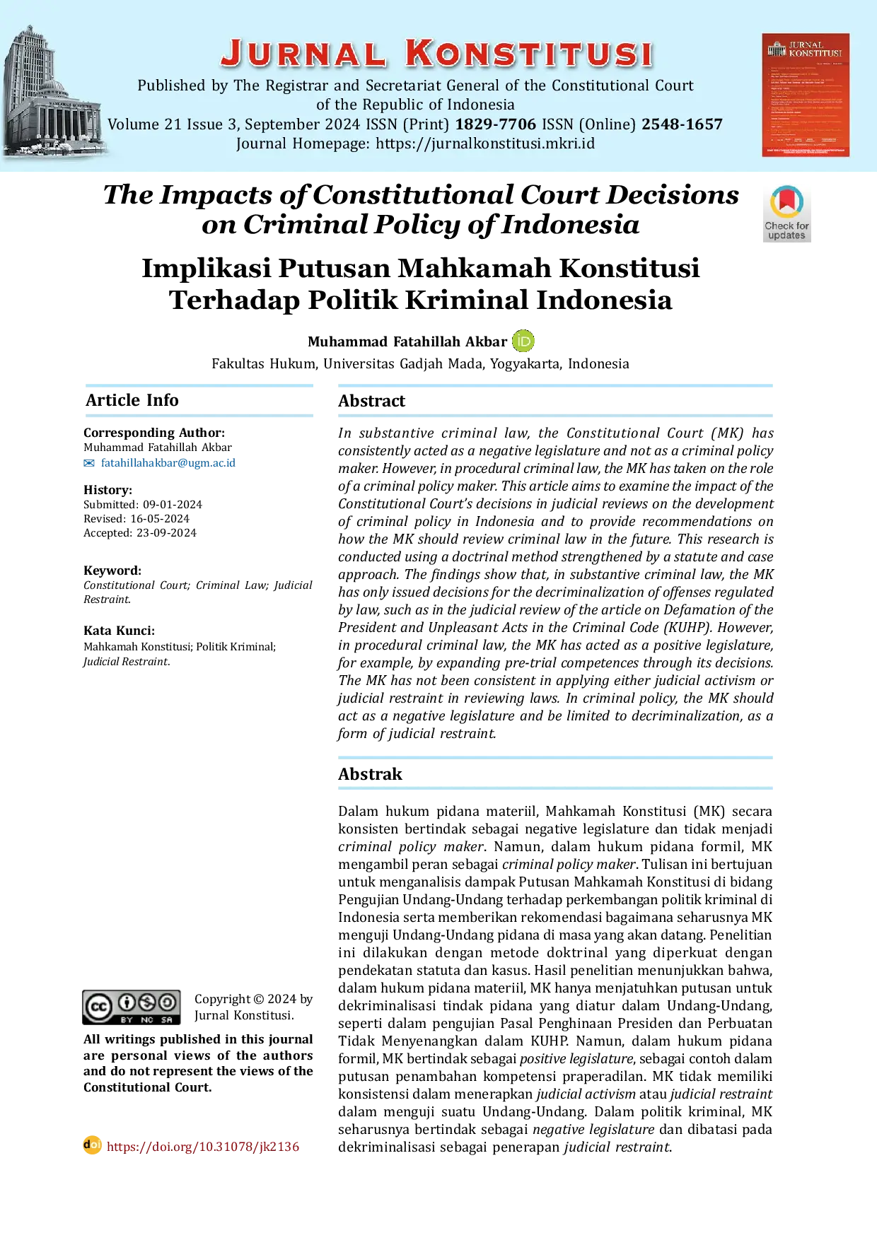 JURIS RELEVANSI PUTUSAN MAHKAMAH KONSTITUSI DI BIDANG PENGUJIAN UNDANG UNDANG TERHADAP POLITIK KRIMINAL INDONESIA Implikasi Putusan Mahkamah Konstitusi Terhadap Politik Kriminal Indonesia