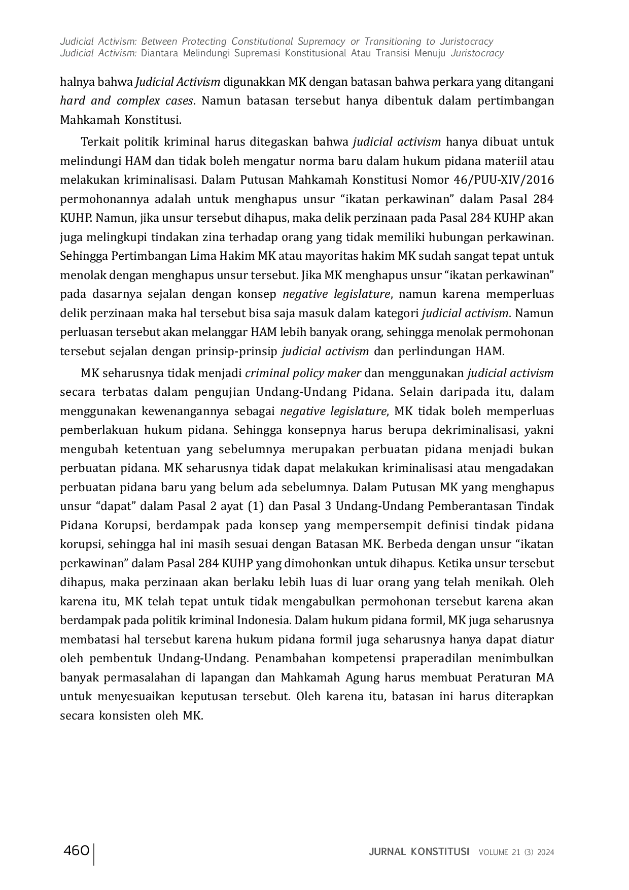 JURIS RELEVANSI PUTUSAN MAHKAMAH KONSTITUSI DI BIDANG PENGUJIAN UNDANG UNDANG TERHADAP POLITIK KRIMINAL INDONESIA Implikasi Putusan Mahkamah Konstitusi Terhadap Politik Kriminal Indonesia