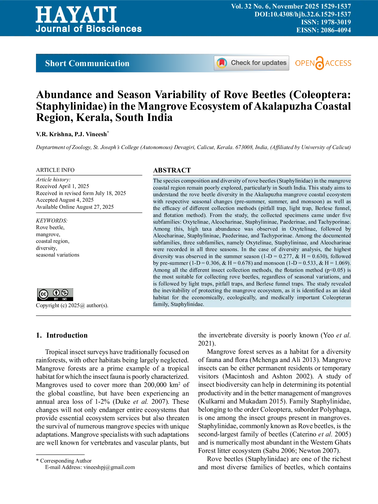 JURIS Abundance and Season Variability of Rove Beetles Coleoptera Staphylinidae in the Mangrove Ecosystem of Akalapuzha Coastal Region Kerala South India