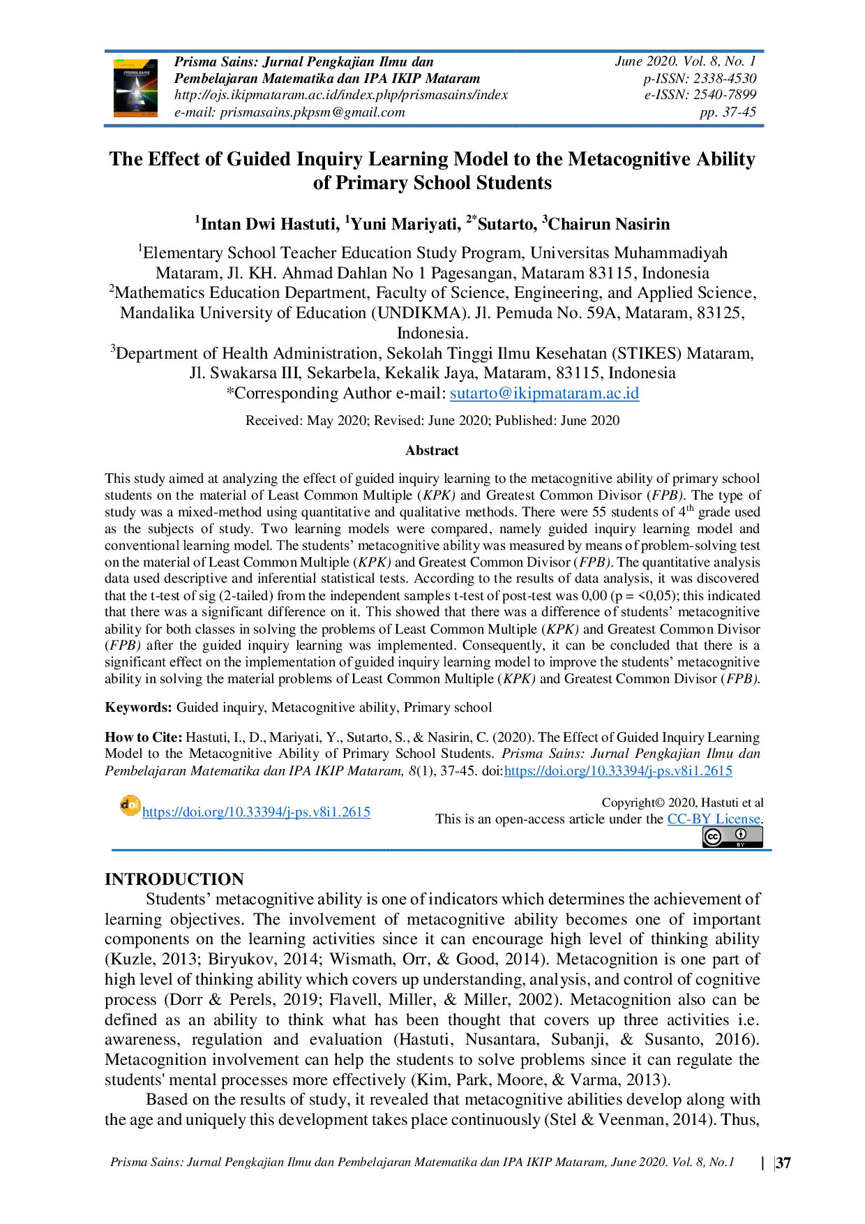 JURIS The Effect of Guided Inquiry Learning Model to the Metacognitive Ability of Primary School Students