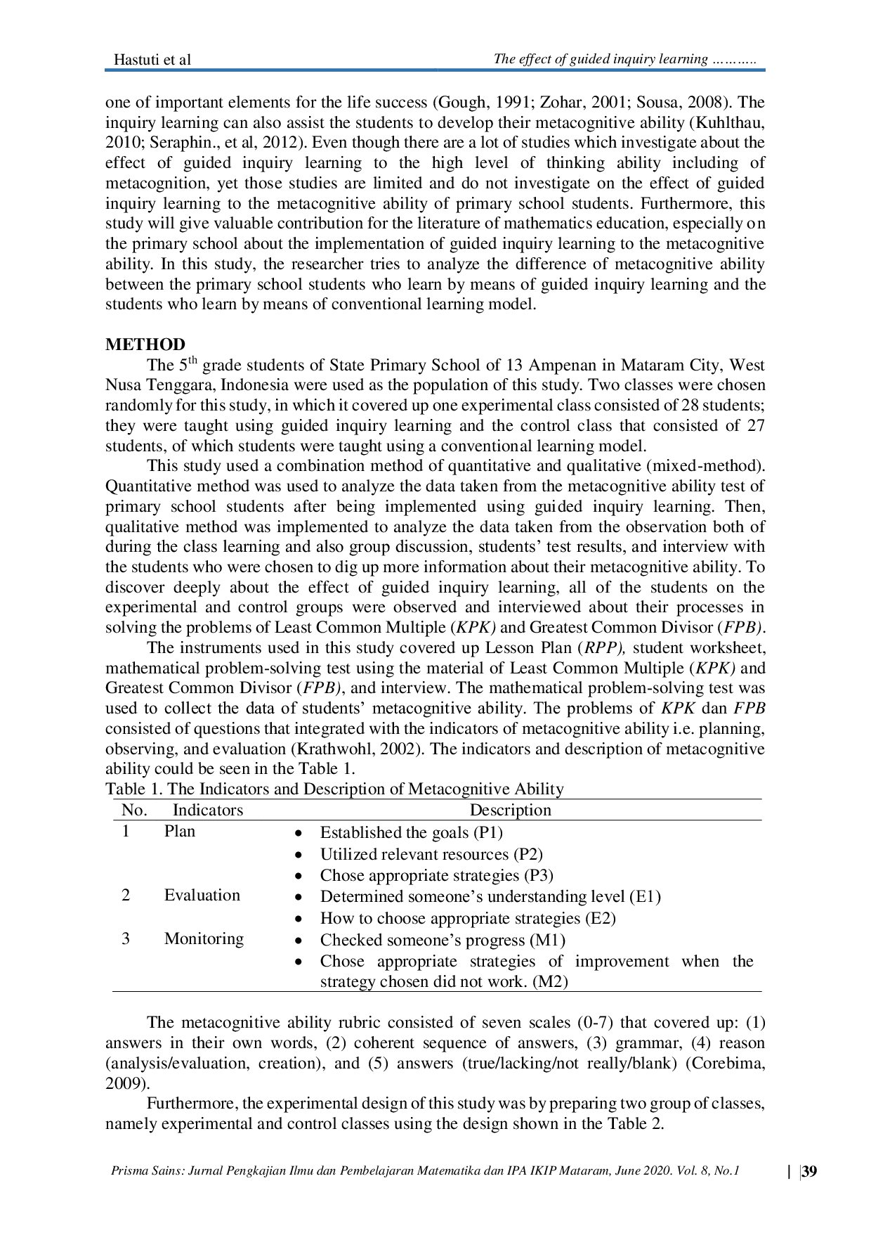 JURIS The Effect of Guided Inquiry Learning Model to the Metacognitive Ability of Primary School Students