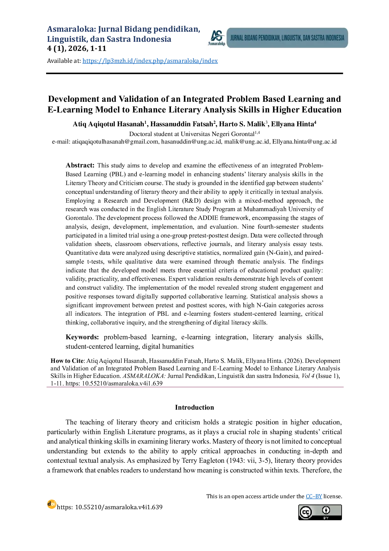 JURIS Development and Validation of an Integrated Problem Based Learning and E Learning Model to Enhance Literary Analysis Skills in Higher Education