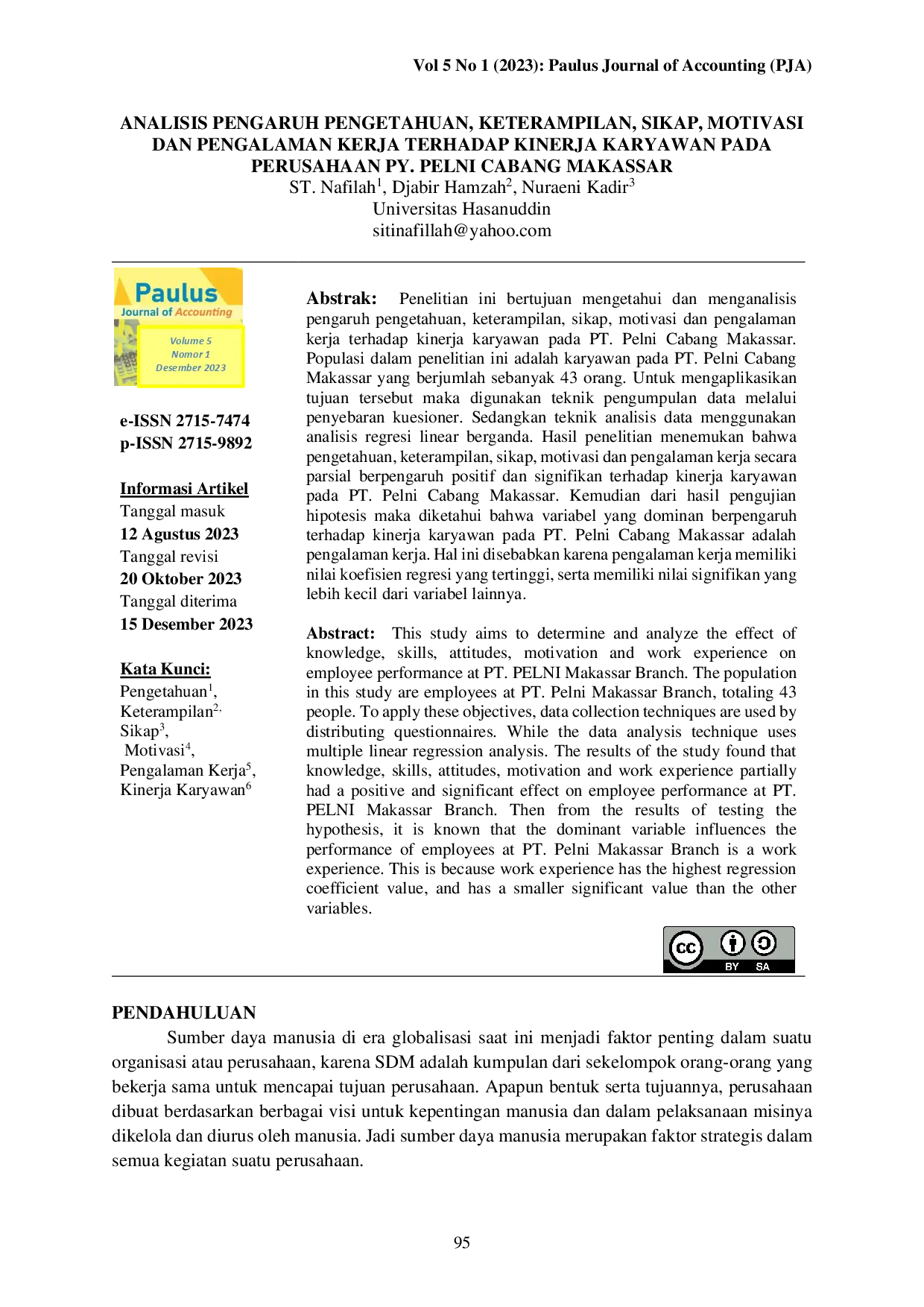 juris Analisis Pengaruh Pengetahuan Keterampilan Sikap Motivasi Dan Pengalaman Kerja Terhadap Kinerja Karyawan Pada Perusahaan Pt Pelni Cabang Makassar
