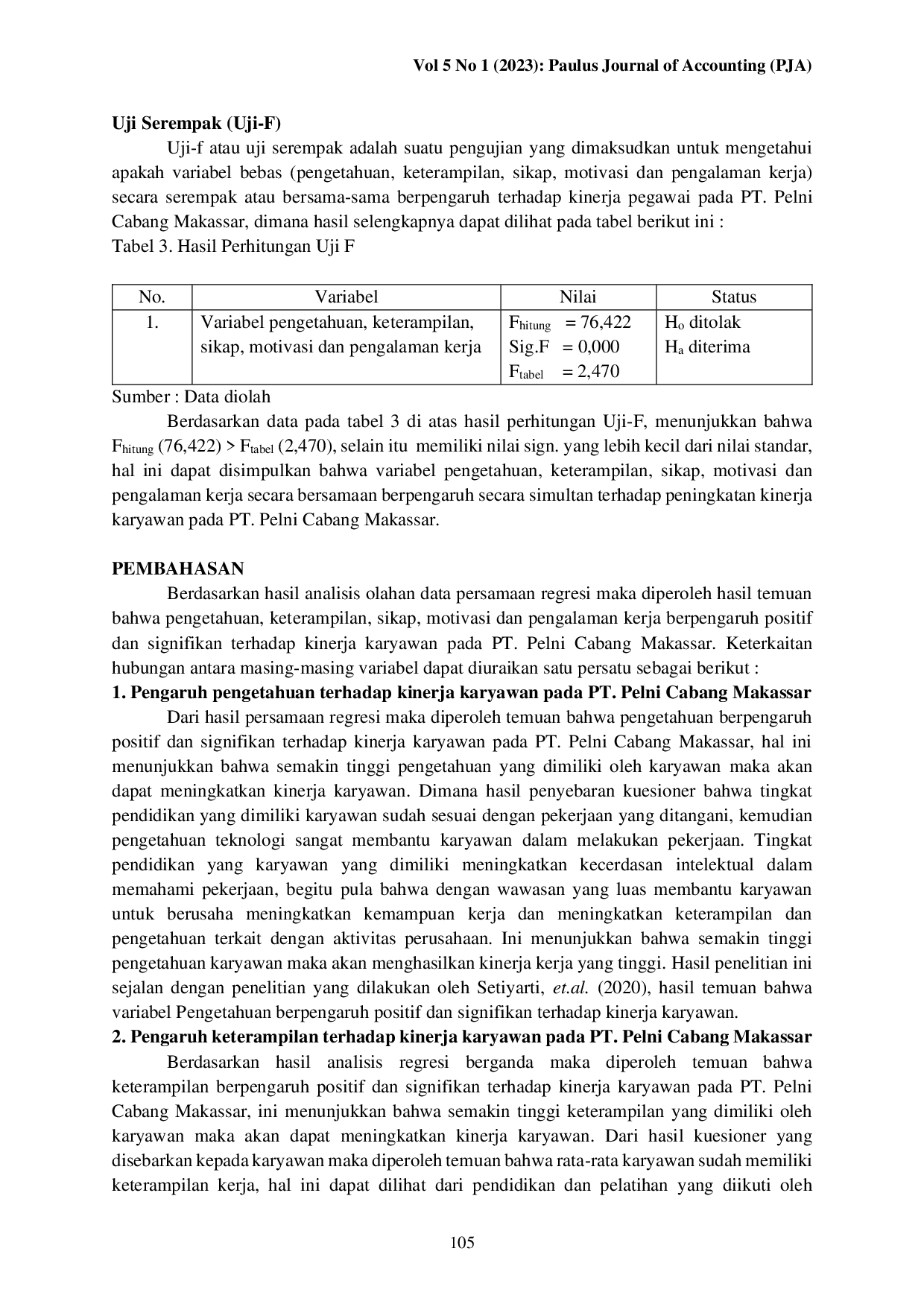 juris Analisis Pengaruh Pengetahuan Keterampilan Sikap Motivasi Dan Pengalaman Kerja Terhadap Kinerja Karyawan Pada Perusahaan Pt Pelni Cabang Makassar