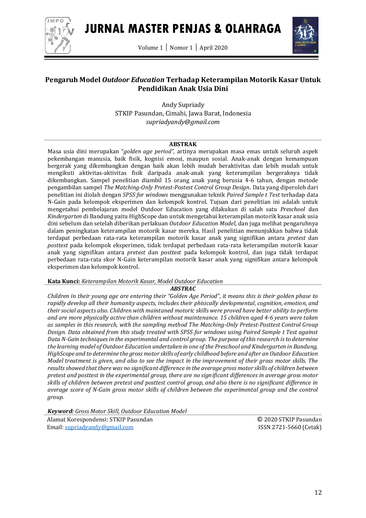 JURIS Pengaruh Model Outdoor Education Terhadap Keterampilan Motorik Kasar Untuk Pendidikan Anak Usia Dini