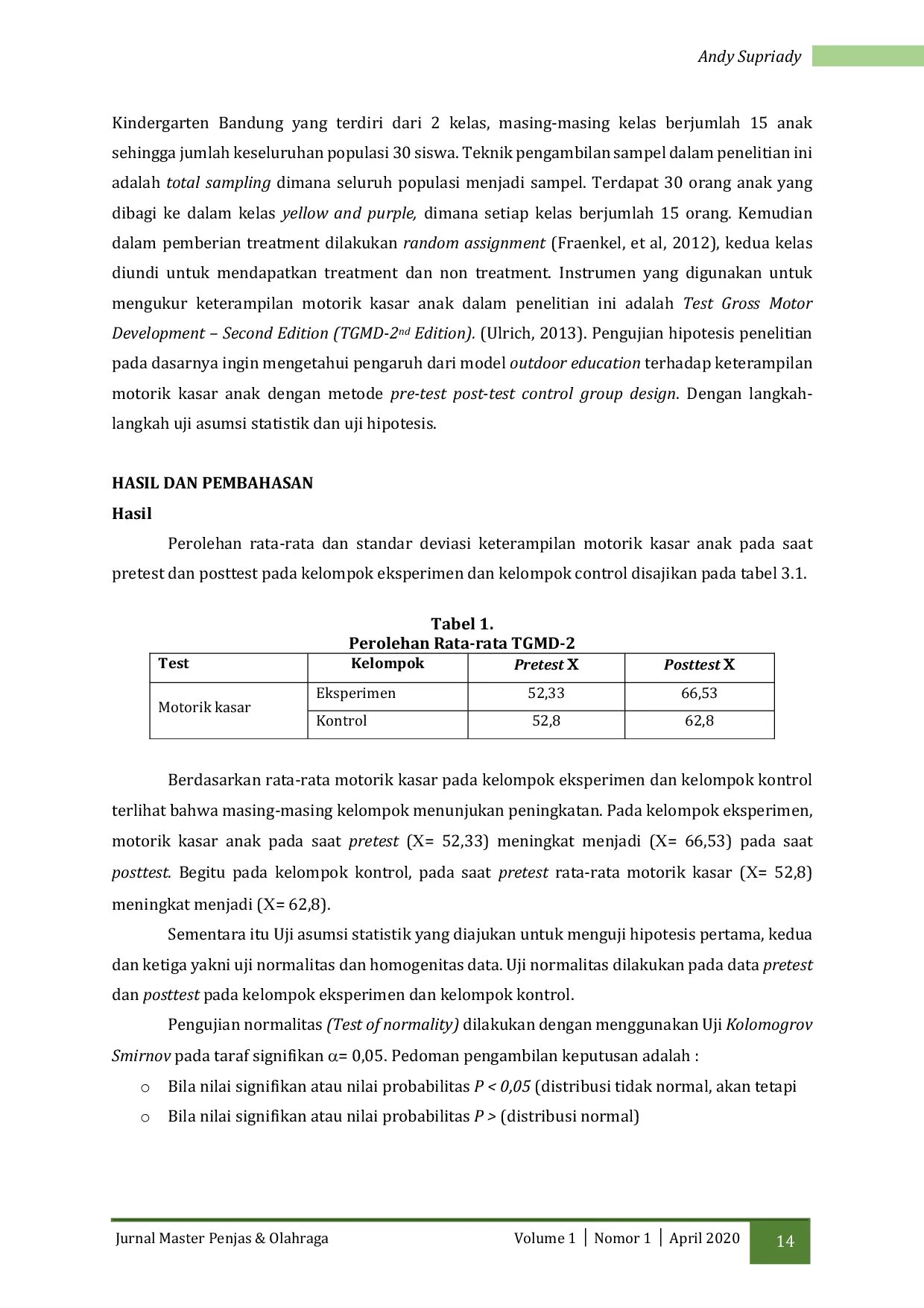JURIS Pengaruh Model Outdoor Education Terhadap Keterampilan Motorik Kasar Untuk Pendidikan Anak Usia Dini