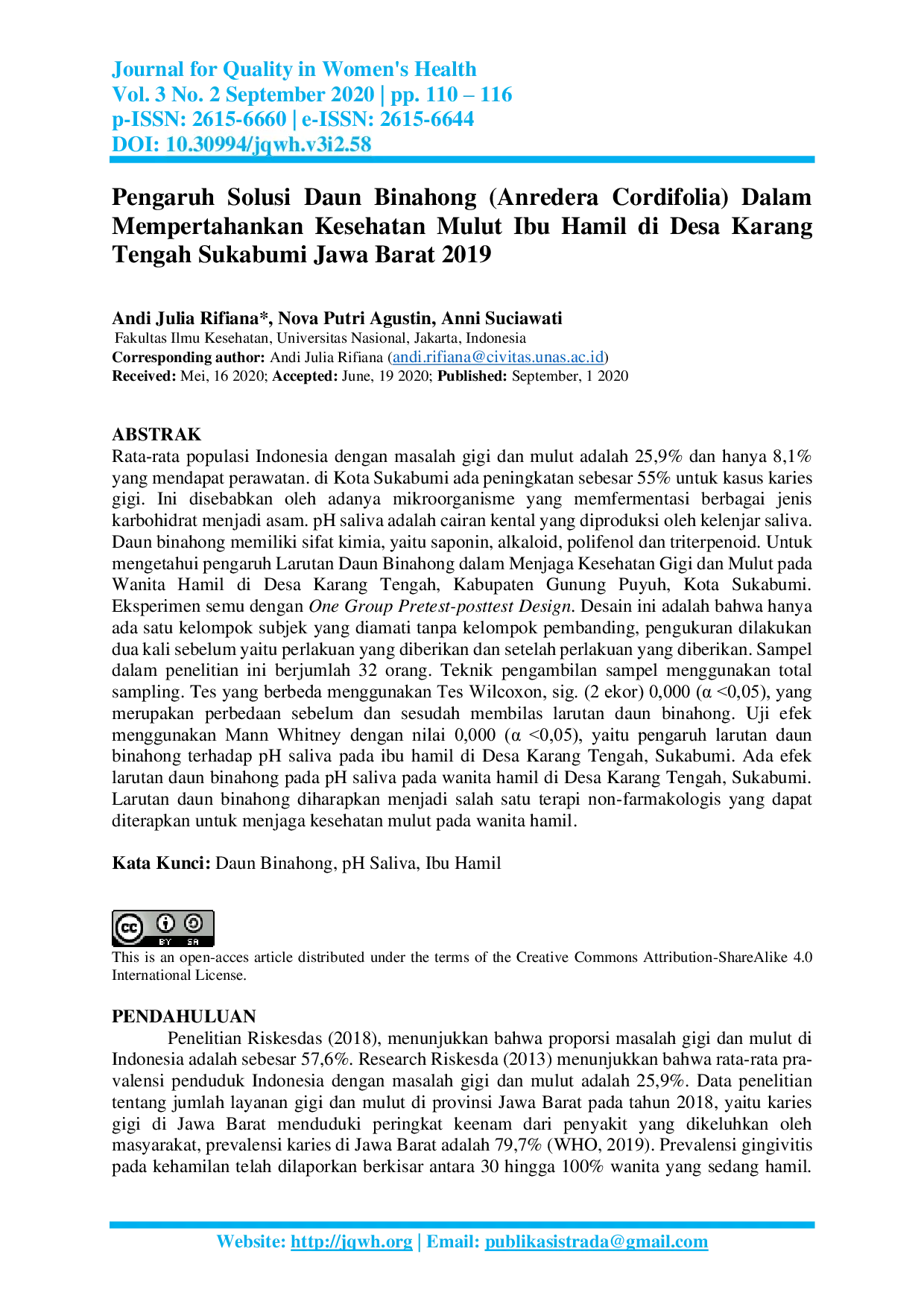 JURIS Pengaruh Solusi Daun Binahong Anredera Cordifolia Dalam Mempertahankan Kesehatan Mulut Ibu Hamil Di Desa Karang Tengah Sukabumi Jawa Barat 2019