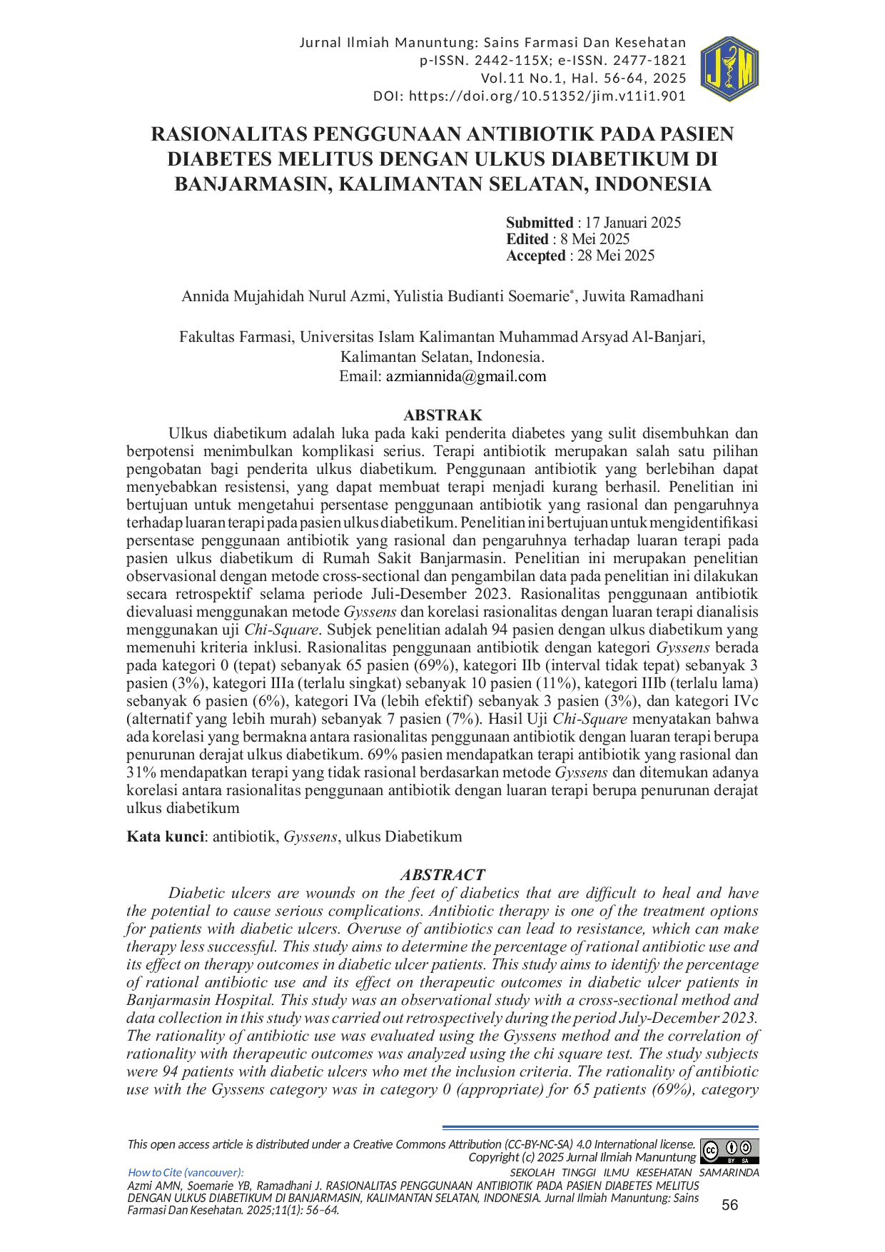 JURIS Rasionalitas Penggunaan Antibiotik Pada Pasien Diabetes Melitus Dengan Ulkus Diabetikum Di Banjarmasin Kalimantan Selatan Indonesia