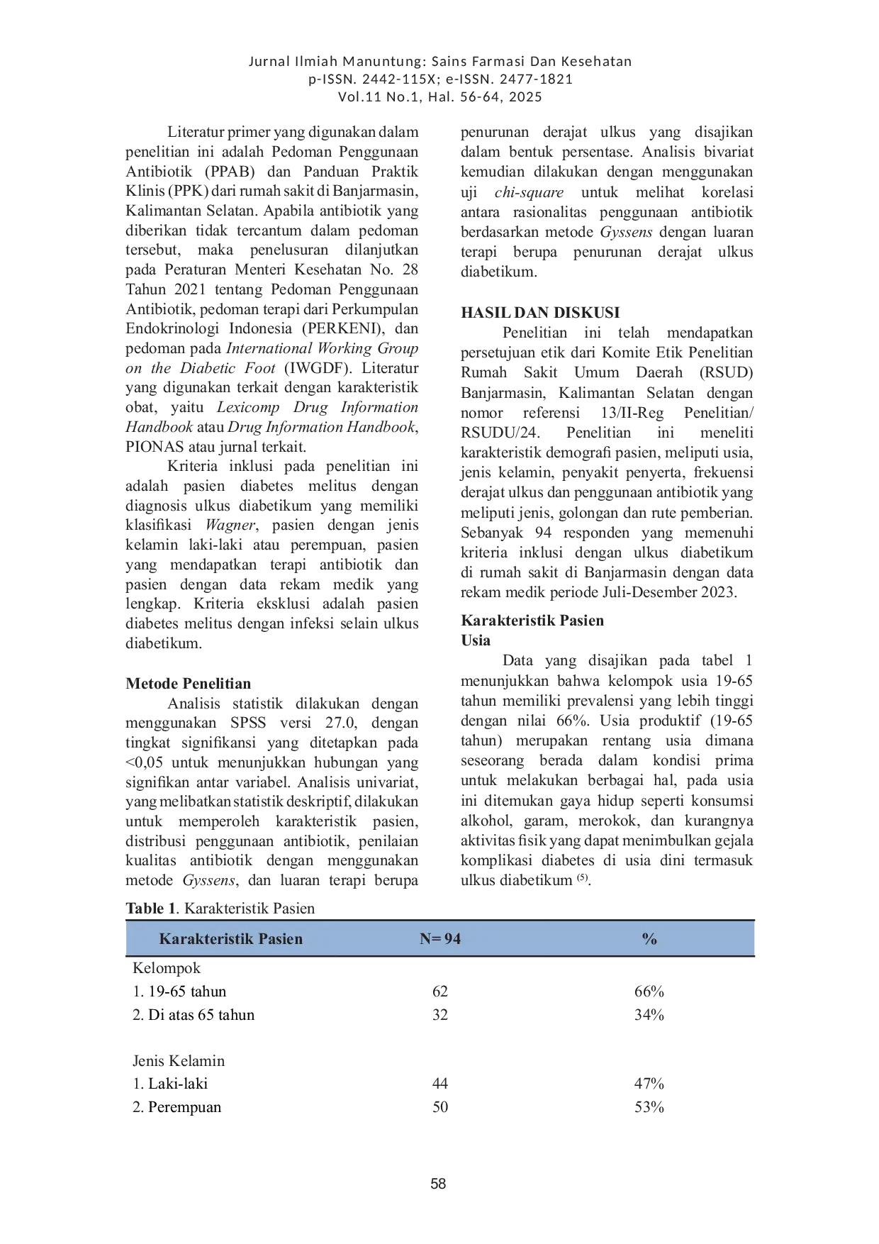 JURIS Rasionalitas Penggunaan Antibiotik Pada Pasien Diabetes Melitus Dengan Ulkus Diabetikum Di Banjarmasin Kalimantan Selatan Indonesia