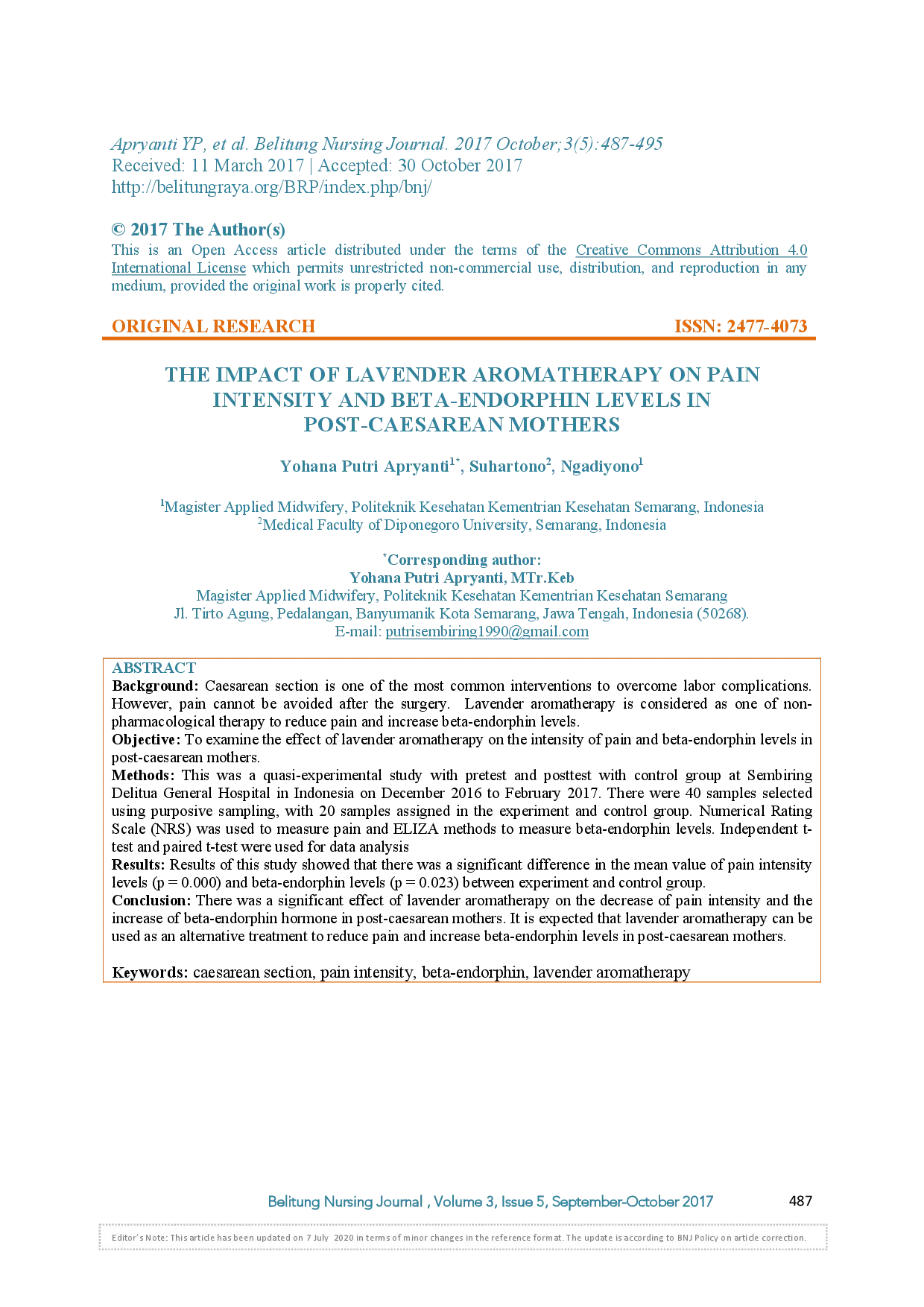 juris The Impact Of Lavender Aromatherapy On Pain Intensity And Beta Endorphin Levels In Post Caesarean Mothers