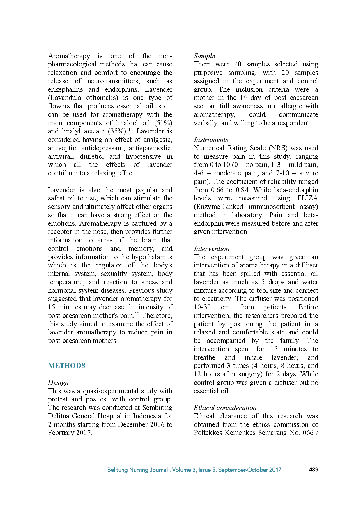 juris The Impact Of Lavender Aromatherapy On Pain Intensity And Beta Endorphin Levels In Post Caesarean Mothers