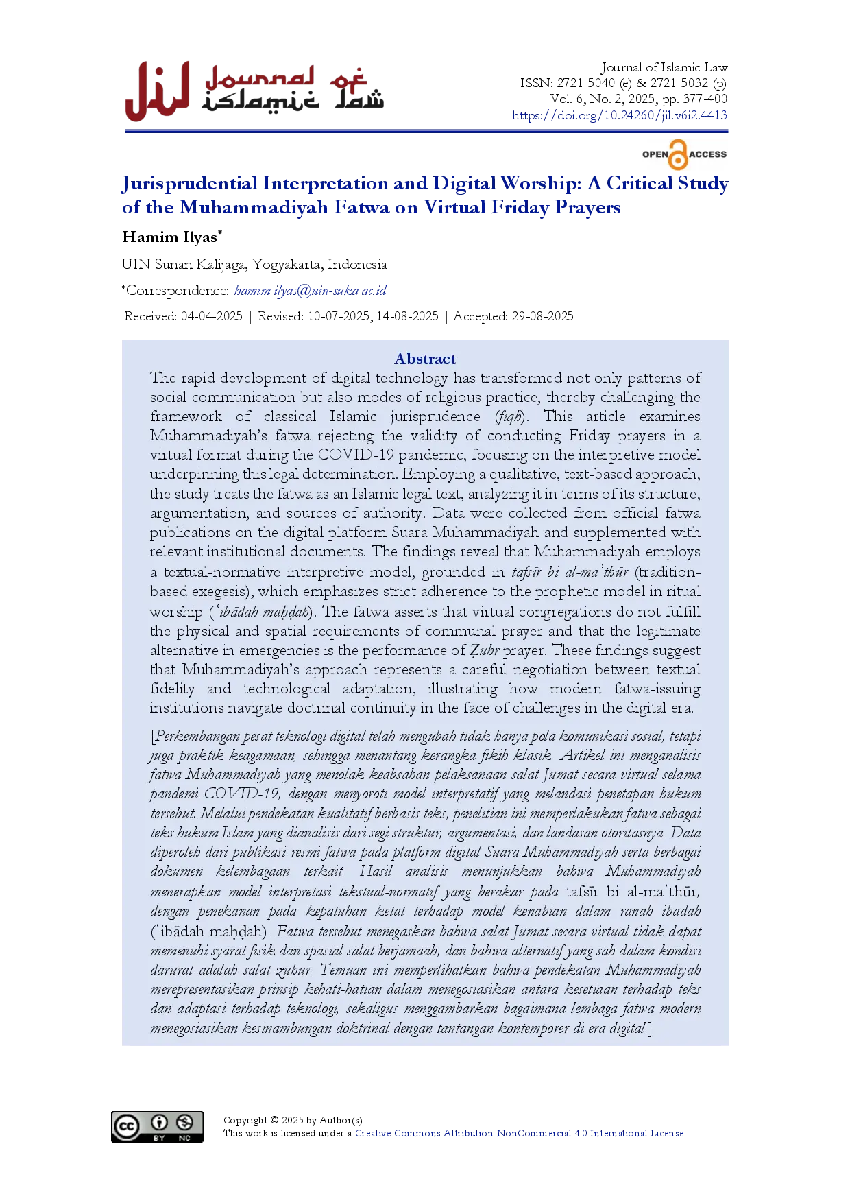 juris Jurisprudential Interpretation and Digital Worship A Critical Study of the Muhammadiyah Fatwa on Virtual Friday Prayers