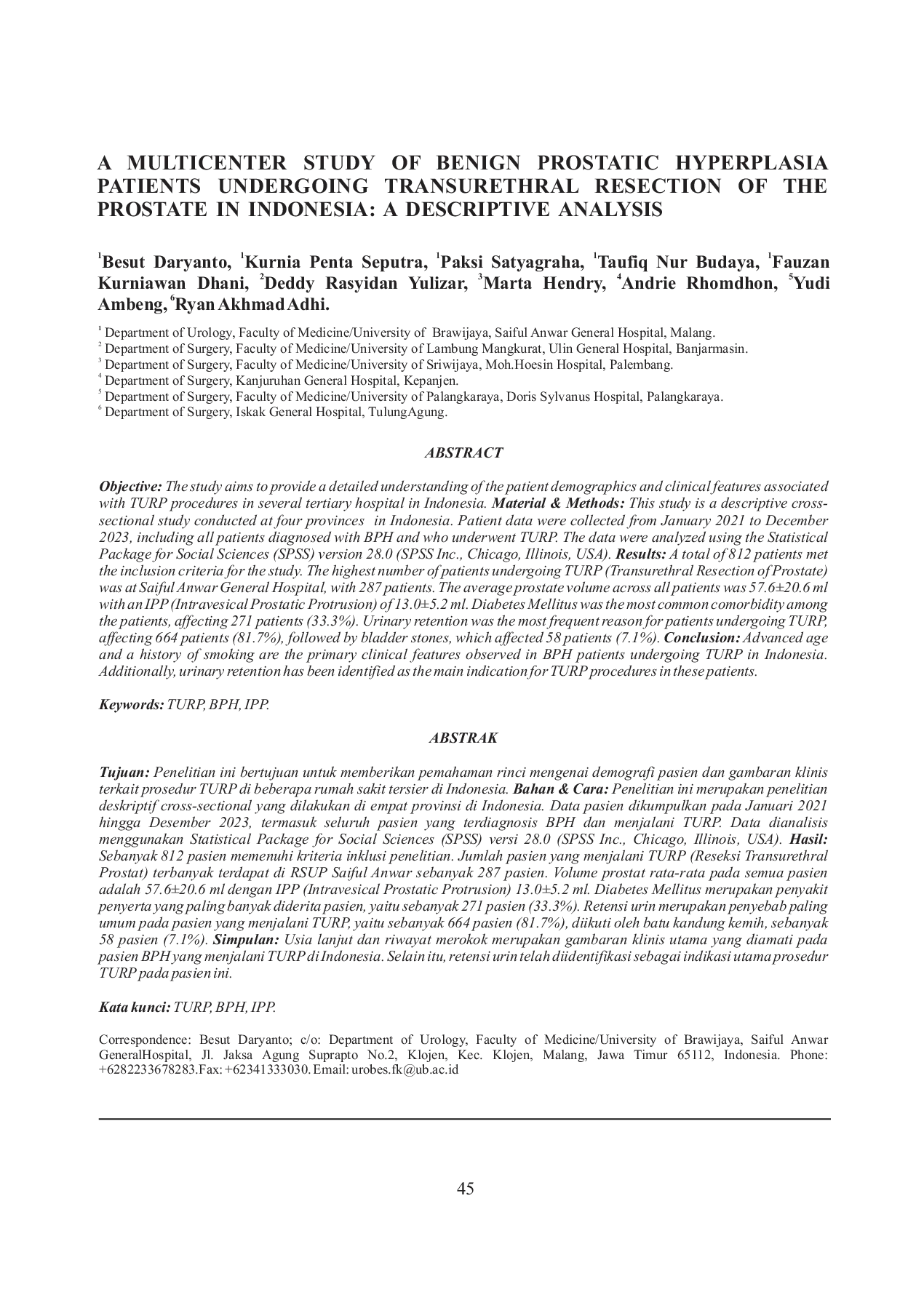JURIS A Multicenter Study Of Benign Prostatic Hyperplasia Patients Undergoing Transurethral Resection Of The Prostate In Indonesia A Descriptive Analysis