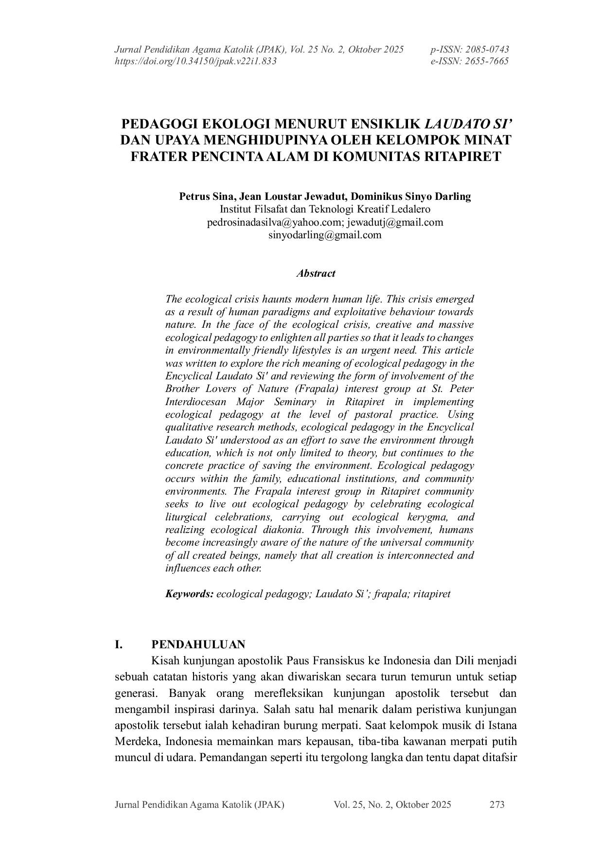 JURIS Pedagogi Ekologi Menurut Ensiklik Laudato Si Dan Upaya Menghijaukannya Oleh Kelompok Minat Frater Pencinta Alam Di Komunitas Ritapiret