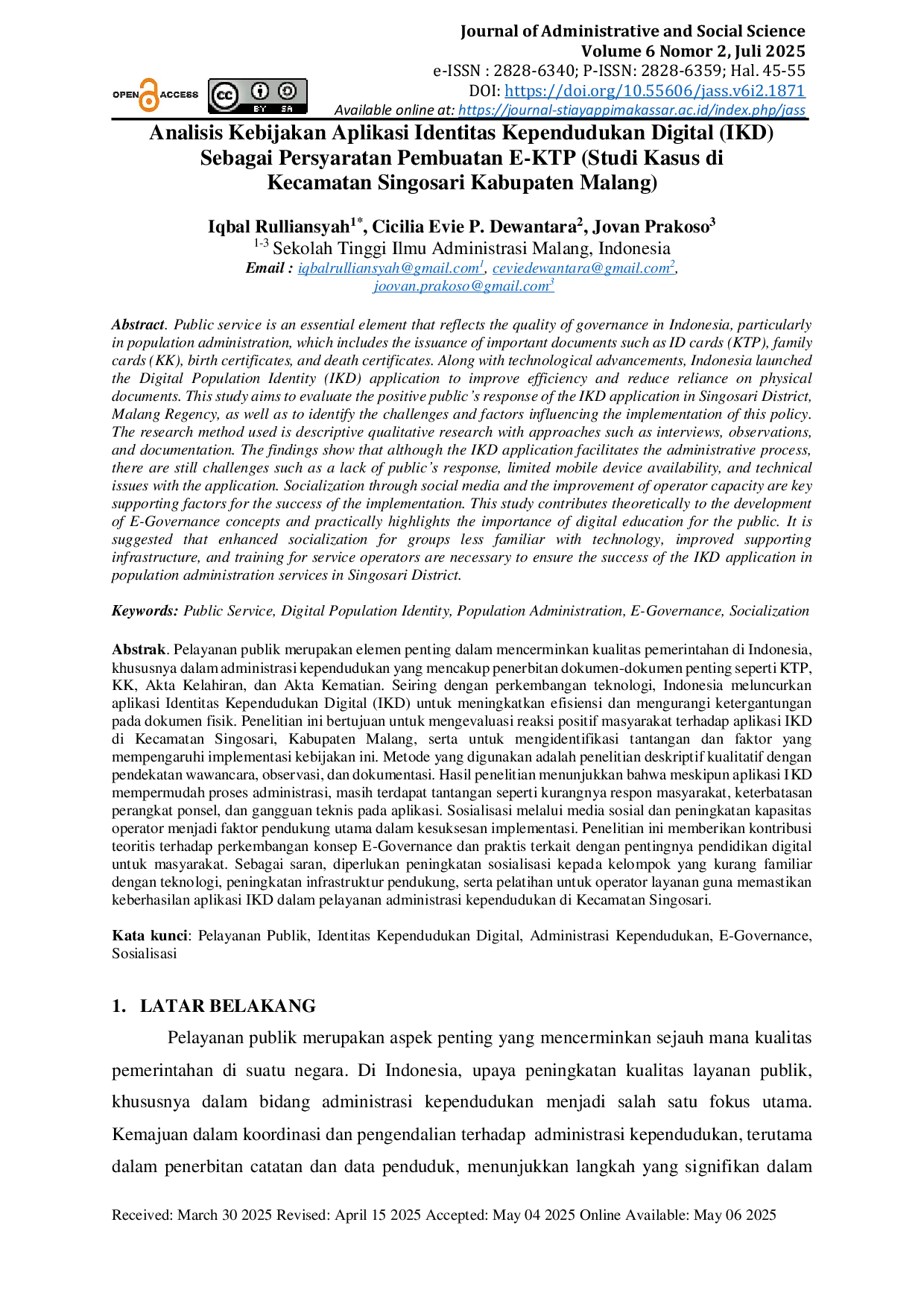 JURIS Analisis Kebijakan Aplikasi Identitas Kependudukan Digital IKD Sebagai Persyaratan Pembuatan E KTP Studi Kasus di Kecamatan Singosari Kabupaten Malang