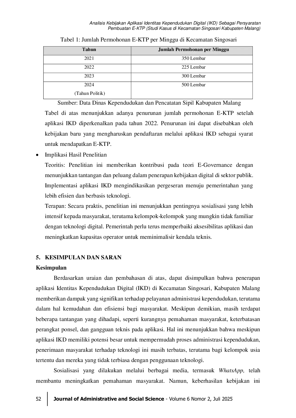 JURIS Analisis Kebijakan Aplikasi Identitas Kependudukan Digital IKD Sebagai Persyaratan Pembuatan E KTP Studi Kasus di Kecamatan Singosari Kabupaten Malang