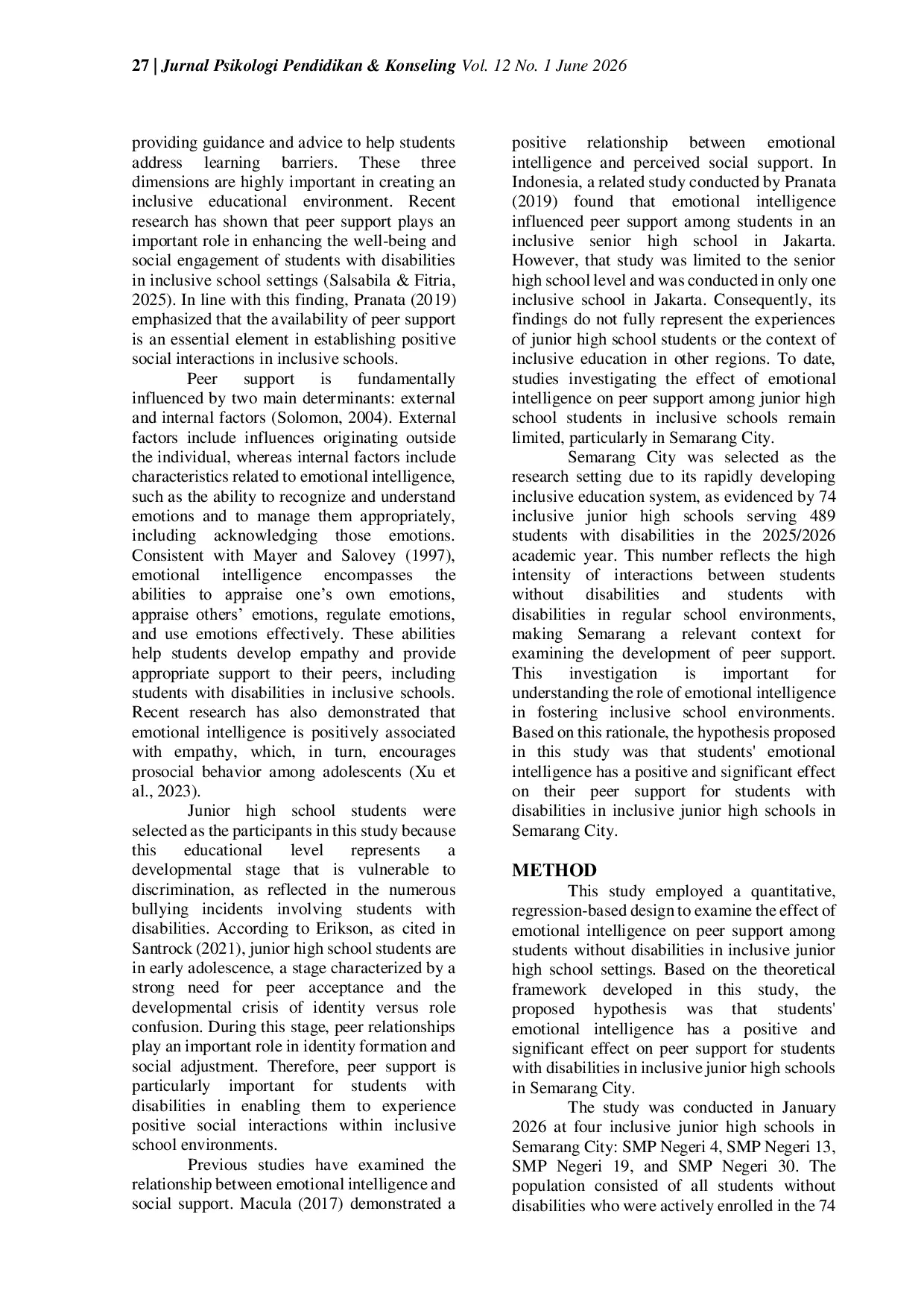 JURIS The Effect of Emotional Intelligence on Peer Support for Students with Disabilities in Inclusive Junior High Schools in Semarang