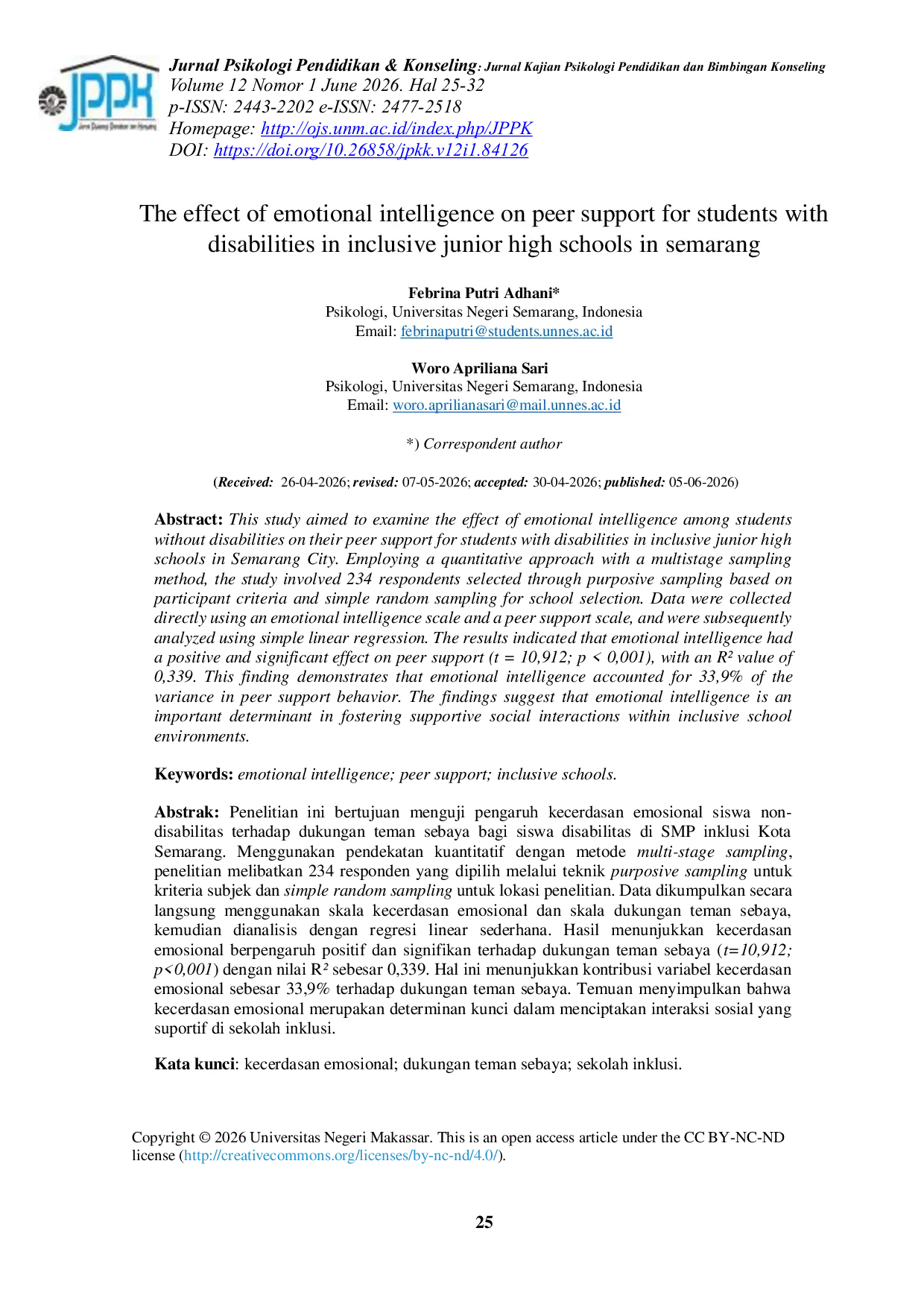 JURIS The Effect of Emotional Intelligence on Peer Support for Students with Disabilities in Inclusive Junior High Schools in Semarang