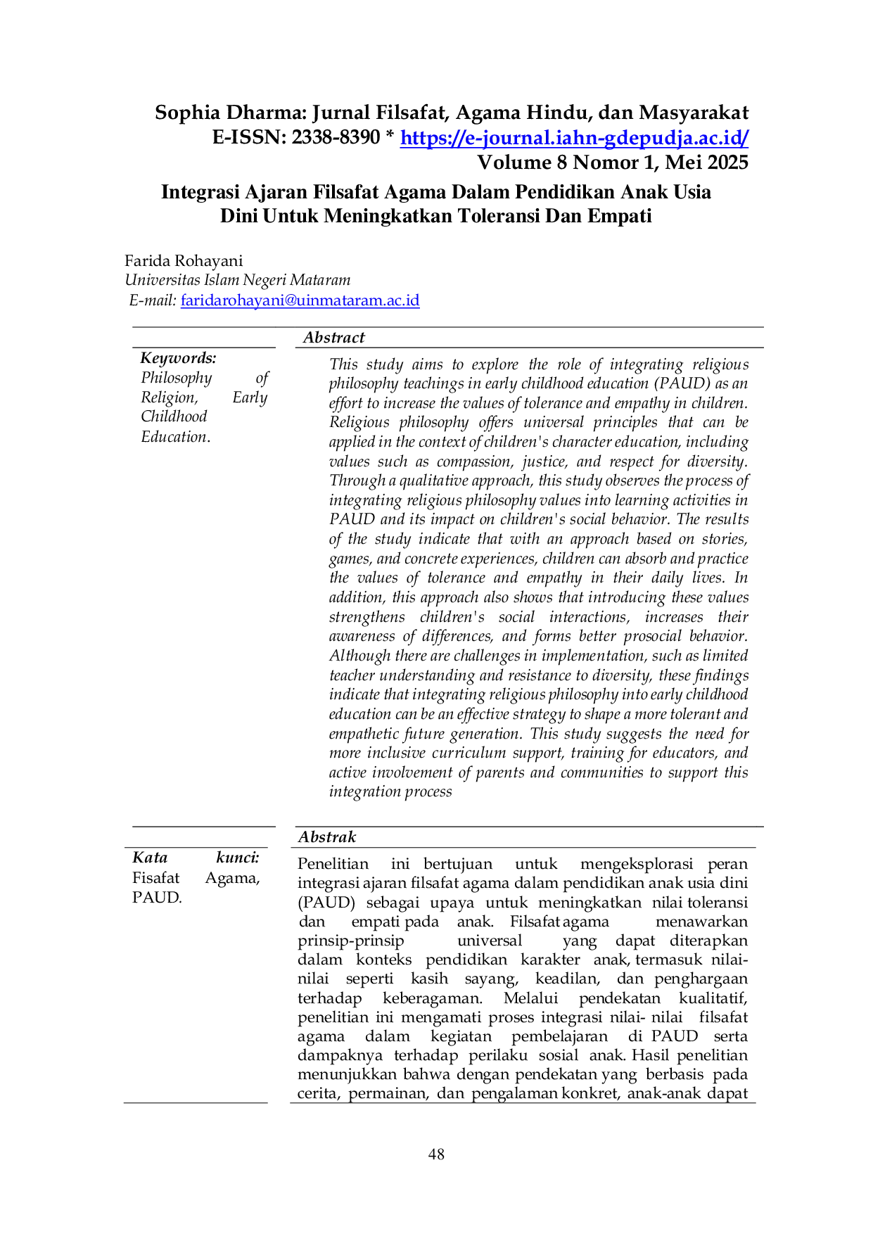 JURIS Integrasi Ajaran Filsafat Agama Dalam Pendidikan Anak Usia Dini Untuk Meningkatkan Toleransi Dan Empati