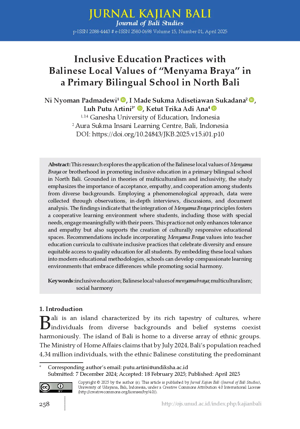juris Inclusive Education Practices with Balinese Local Values of Menyama Braya in a Primary Bilingual School in North Bali