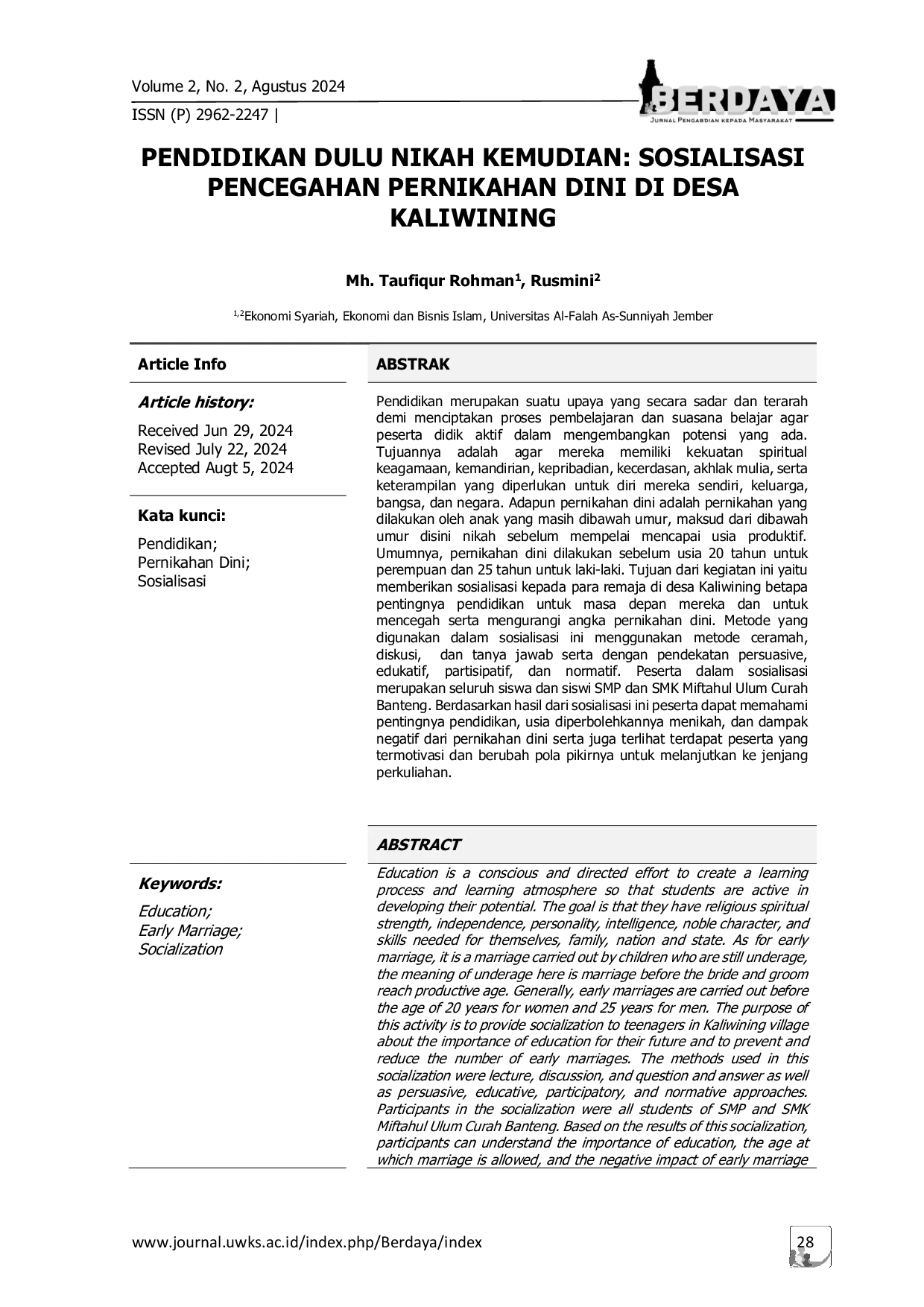 JURIS Pendidikan Dulu Nikah Kemudian Sosialisasi Pencegahan Pernikahan Dini di Desa Kaliwining