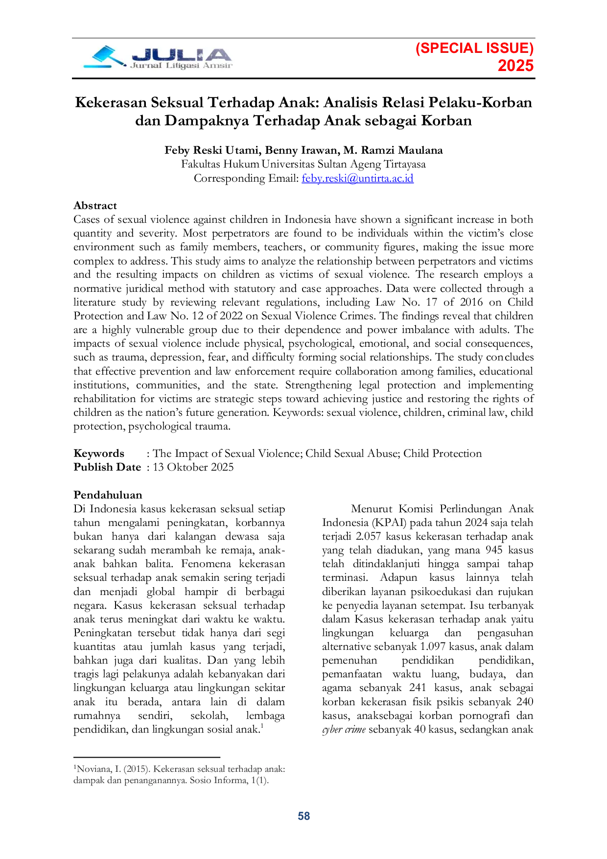 JURIS Kekerasan Seksual Terhadap Anak Analisis Relasi Pelaku Korban dan Dampaknya Terhadap Anak sebagai Korban