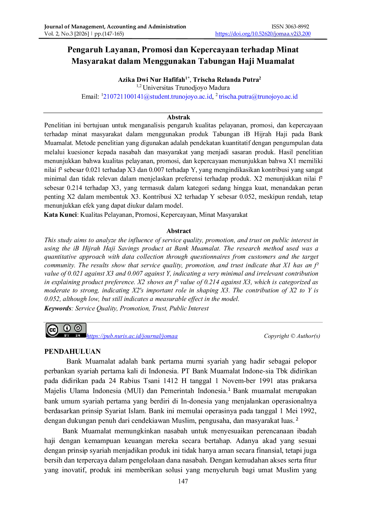 JURIS Pengaruh Layanan Promosi dan Kepercayaan terhadap Minat Masyarakat dalam Menggunakan Tabungan Haji Muamalat