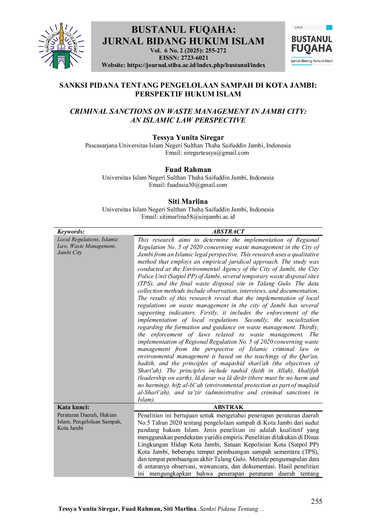 JURIS Sanksi Pidana Tentang Pengelolaan Sampah di Kota Jambi Perspektif Hukum Islam Criminal Sanctions on Waste Management in Jambi City an Islamic Law Perspective