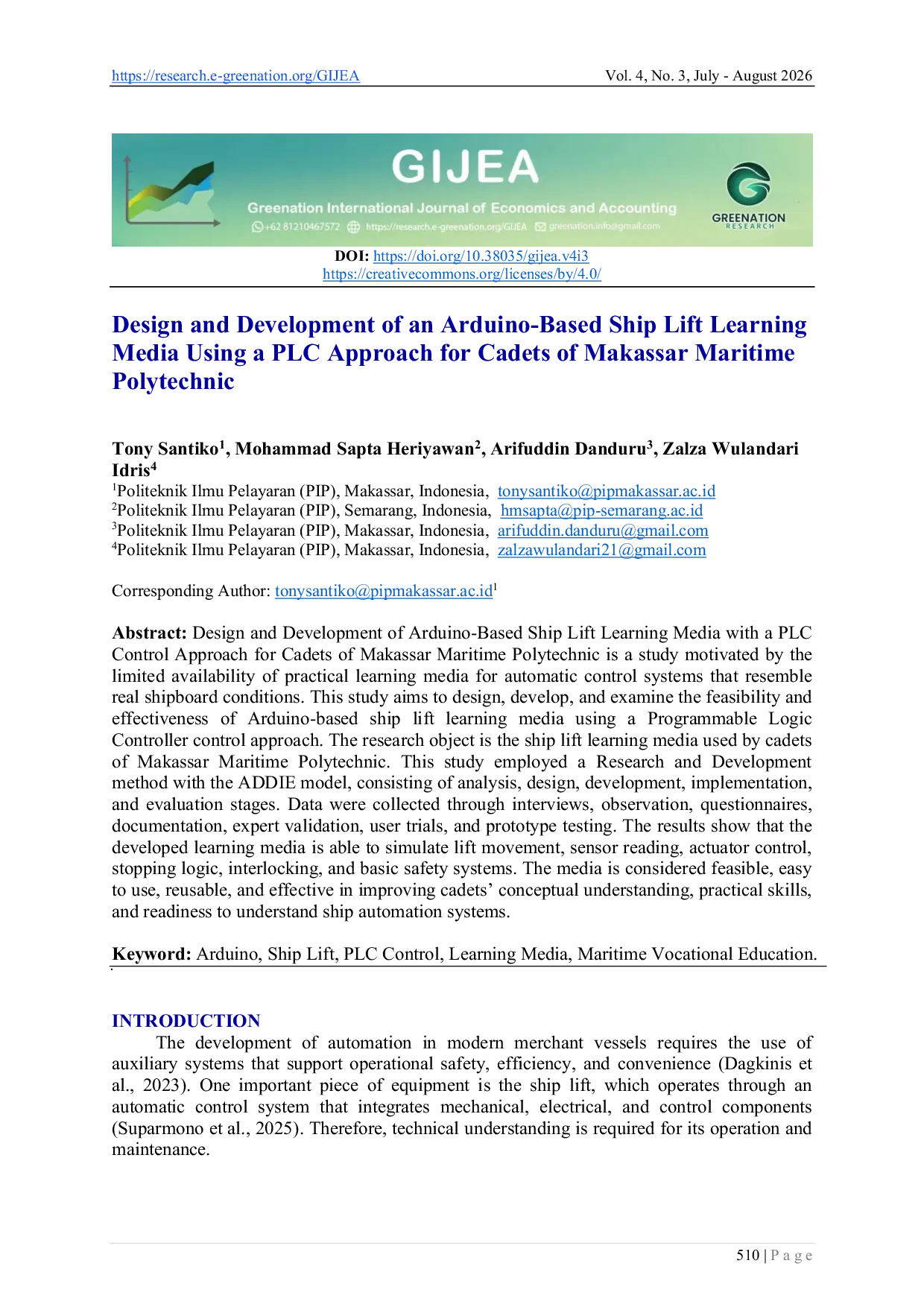 JURIS Design and Development of an Arduino Based Ship Lift Learning Media Using a PLC Approach for Cadets of Makassar Maritime Polytechnic