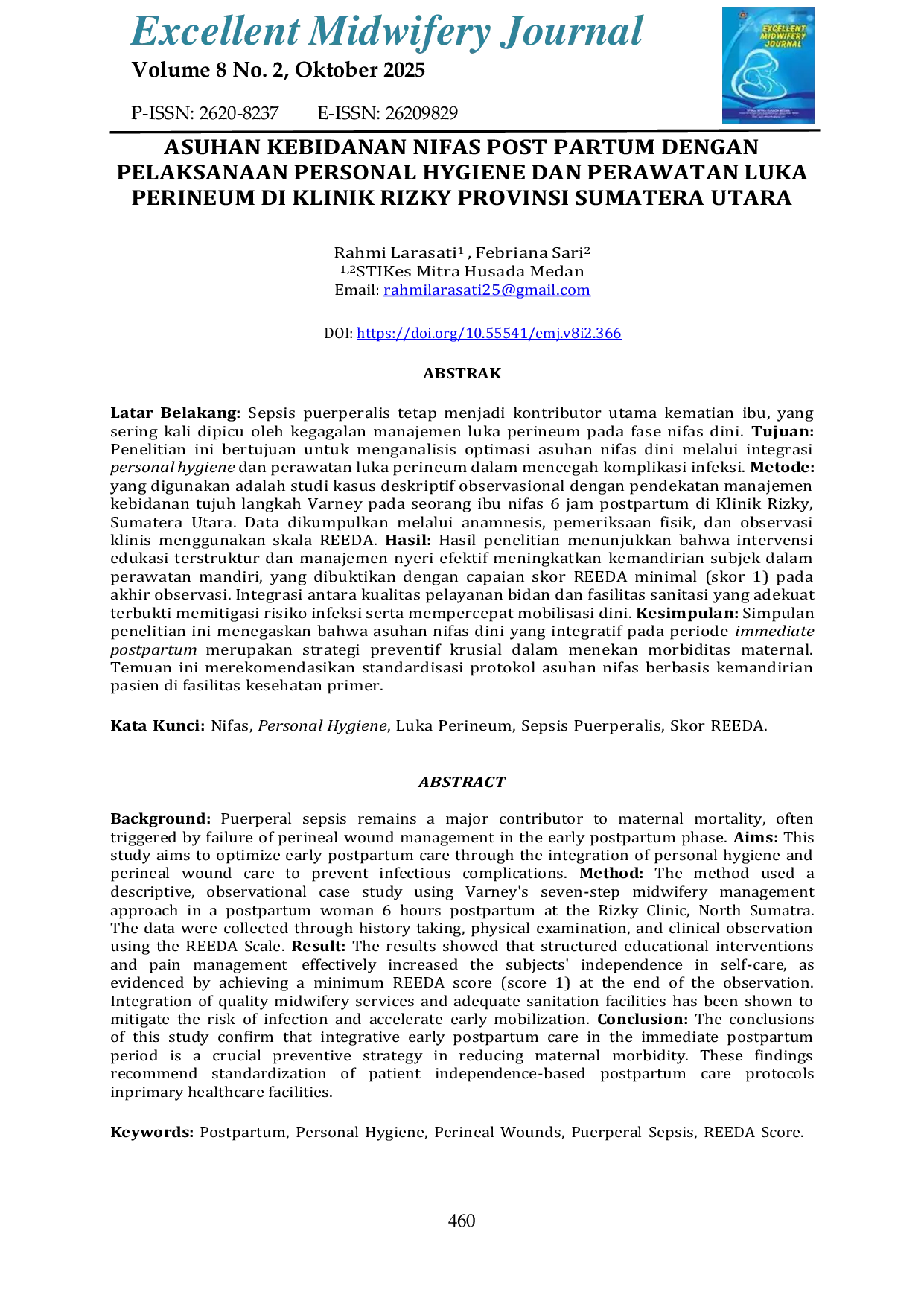 JURIS Asuhan Kebidanan Nifas Pada Ny L Post Partum 6 Jam Dengan Pelaksanaan Personal Hygiene Dan Perawatan Luka Perineum Di Klinik Rizky Provinsi Sumatera Utara Tahun 2025