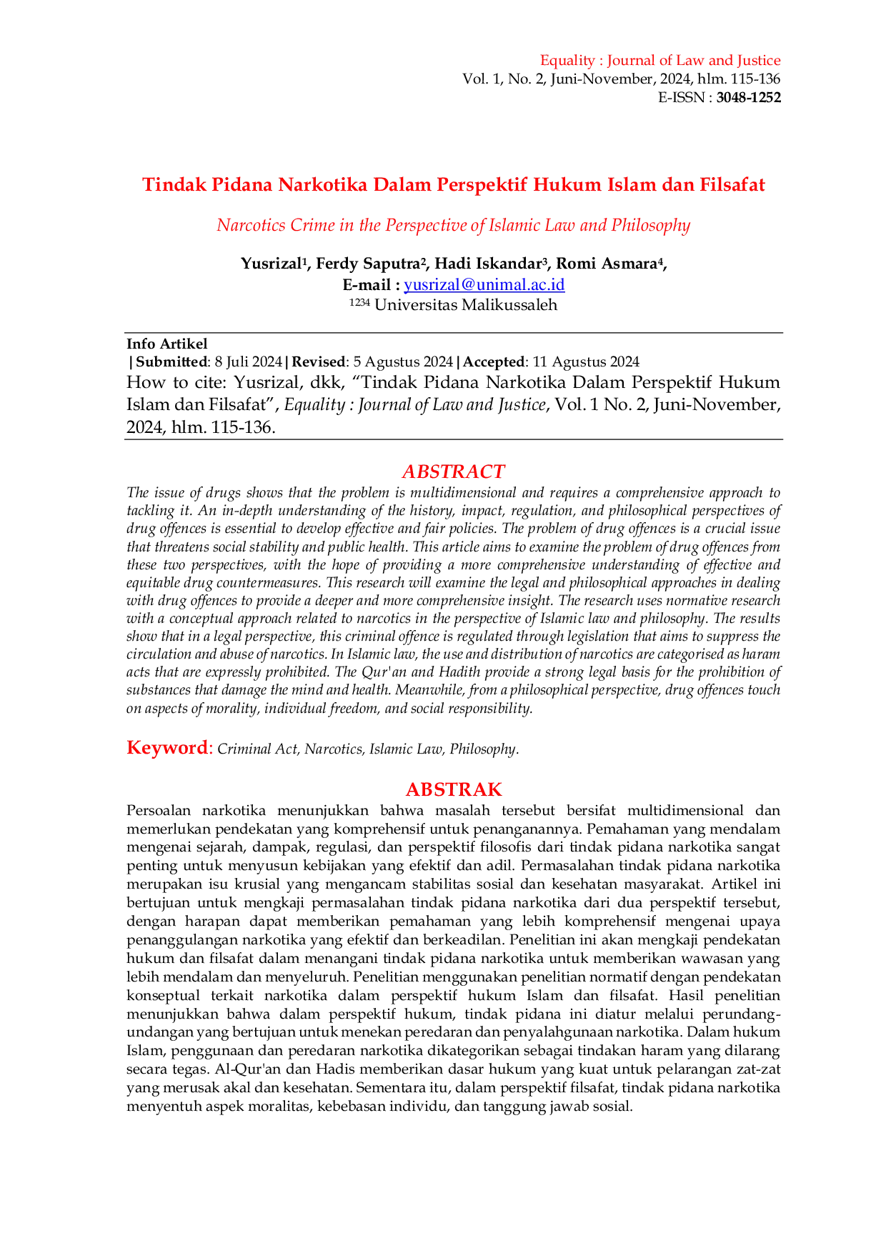JURIS Narcotics Crime in the Perspective of Islamic Law and Philosophy
