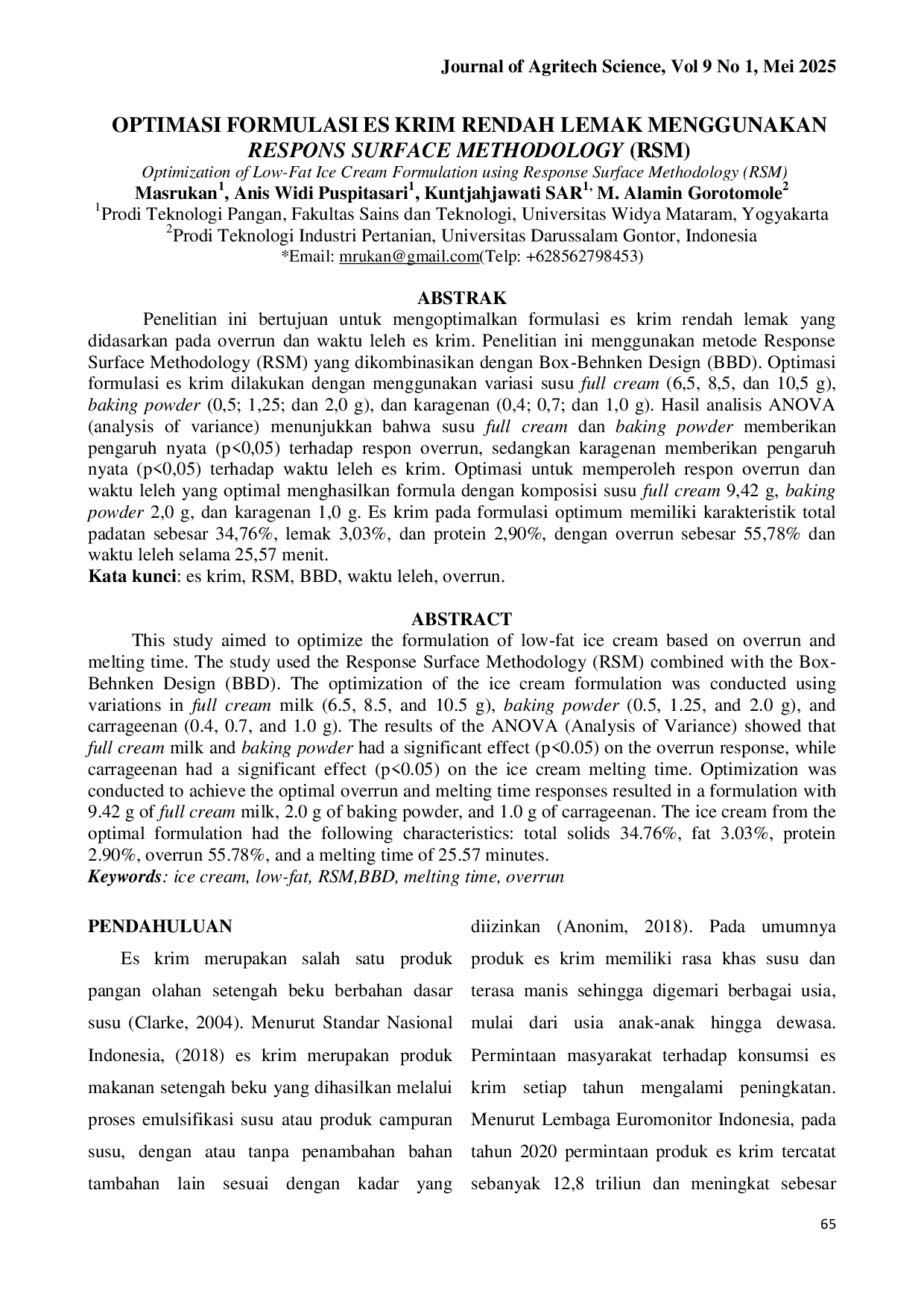JURIS Optimization of Low Fat Ice Cream Formulation using Response Surface Methodology RSM