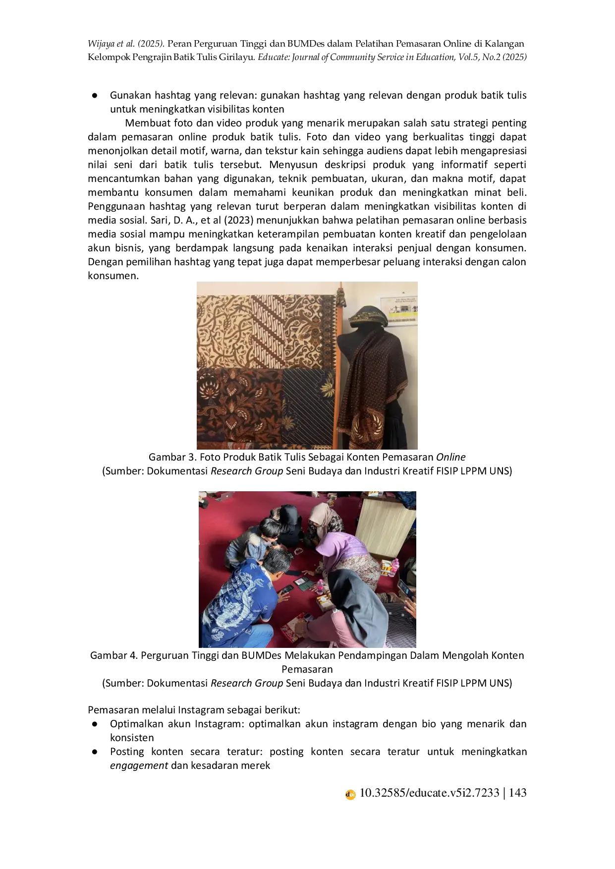 JURIS Peran Perguruan Tinggi dan BUMDes dalam Pelatihan Pemasaran Online di Kalangan Kelompok Pengrajin Batik Tulis Girilayu