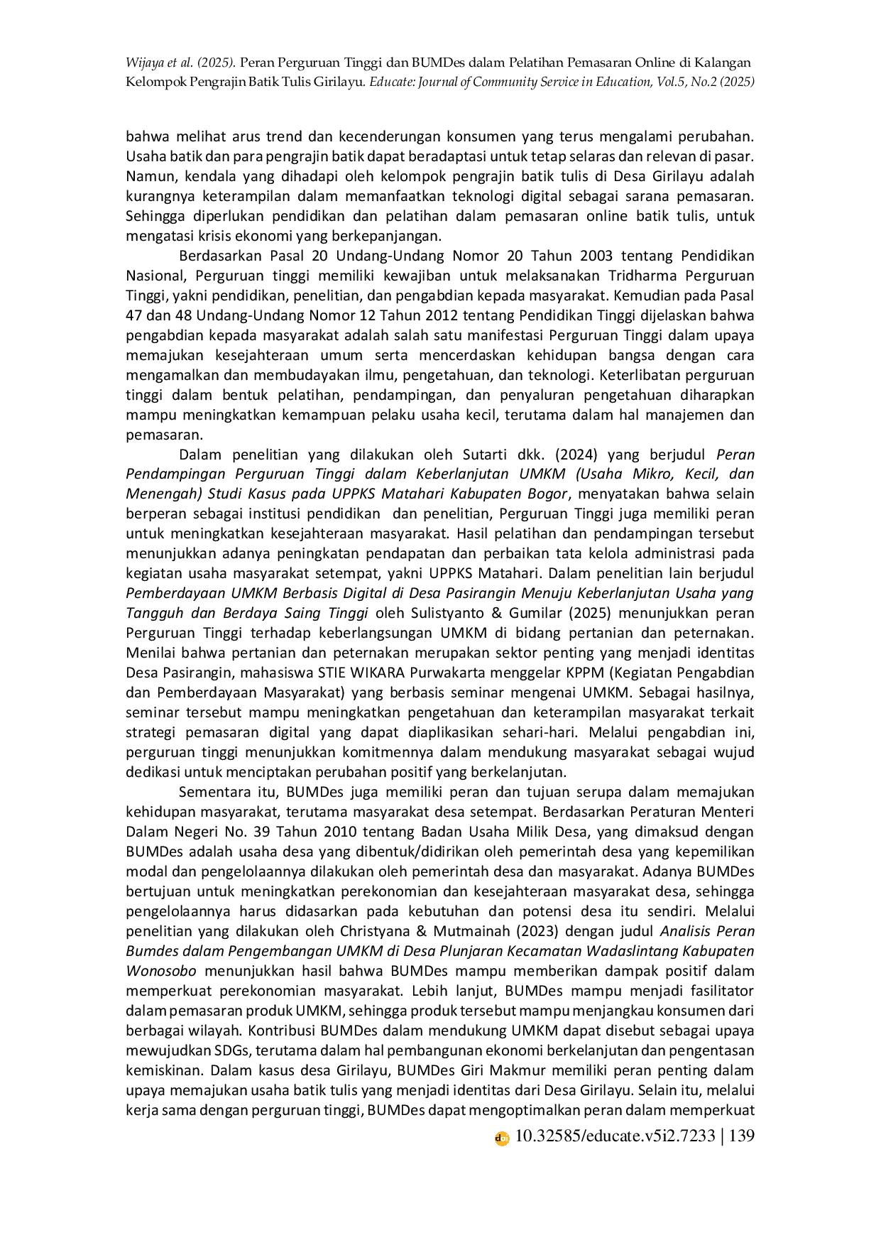 JURIS Peran Perguruan Tinggi dan BUMDes dalam Pelatihan Pemasaran Online di Kalangan Kelompok Pengrajin Batik Tulis Girilayu