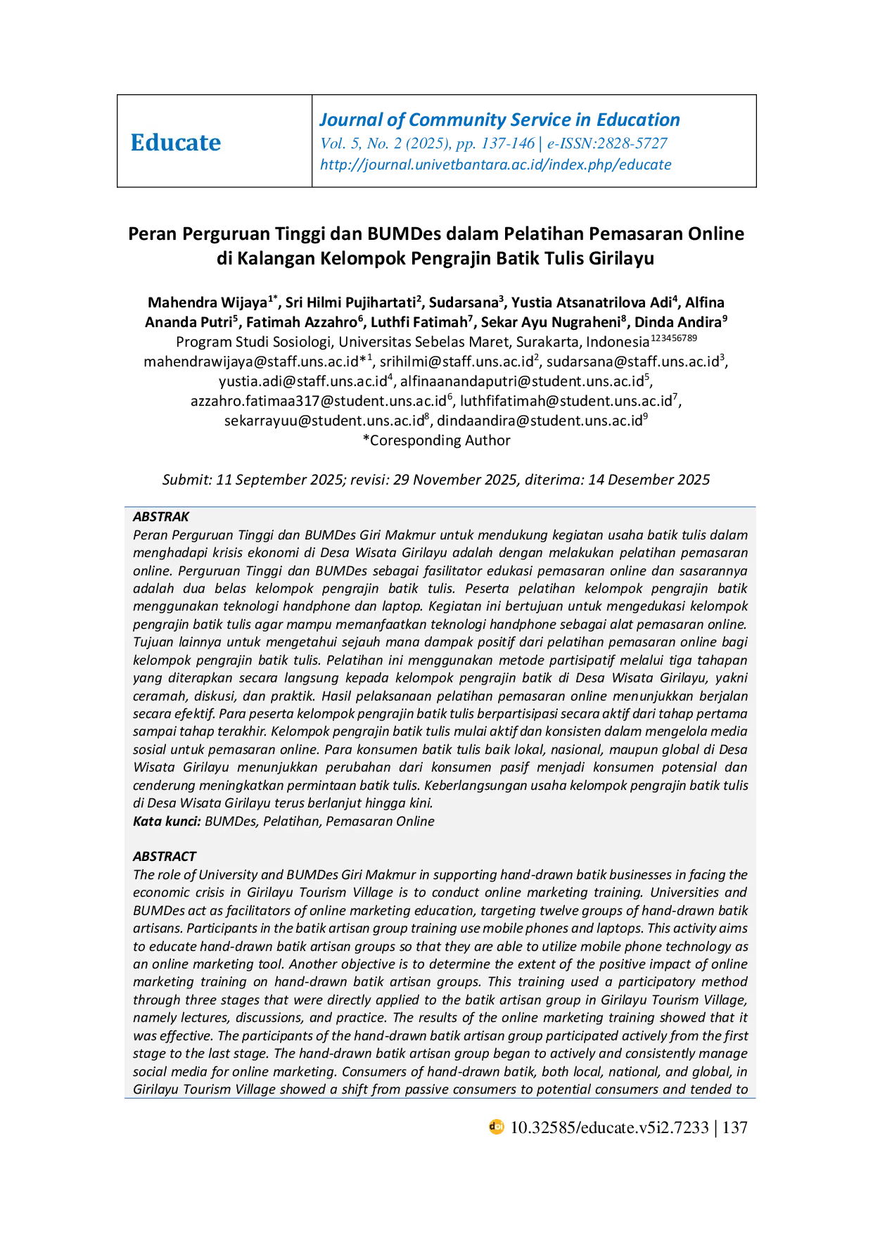 JURIS Peran Perguruan Tinggi dan BUMDes dalam Pelatihan Pemasaran Online di Kalangan Kelompok Pengrajin Batik Tulis Girilayu