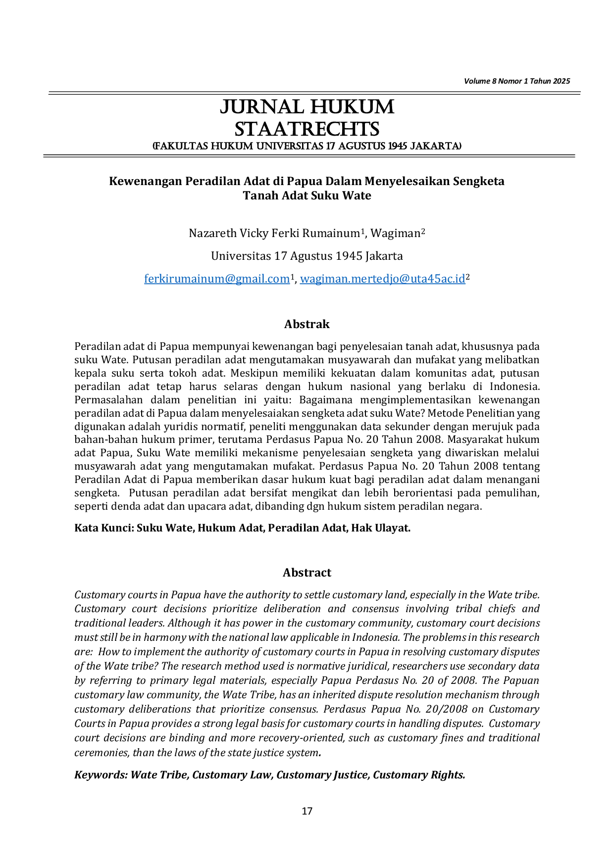 JURIS Kewenangan Peradilan Adat di Papua Dalam Menyelsaikan Sengketa Tanah Adat Suku Wate