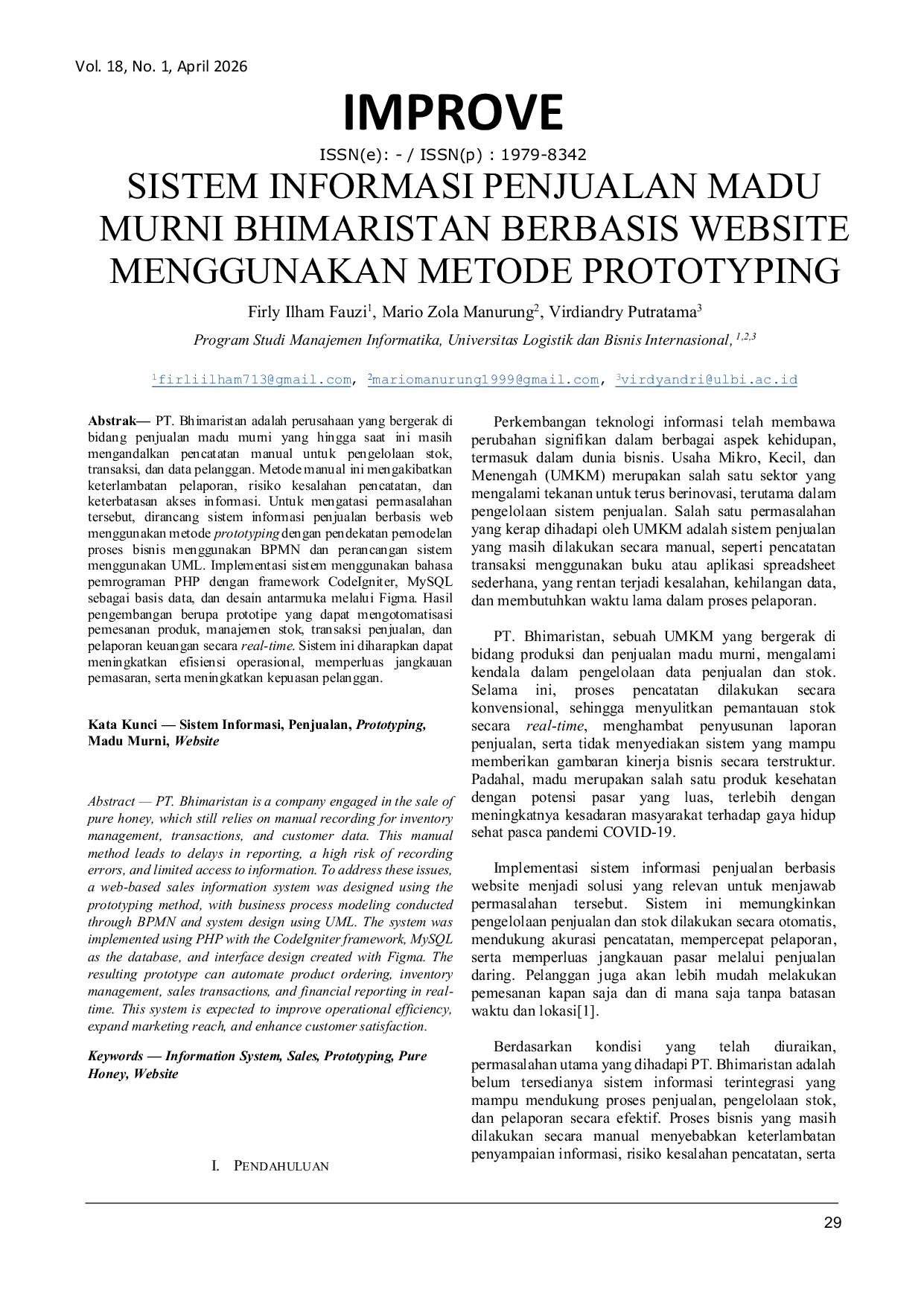 JURIS Improve System Information Sales Pure Honey Bhimaristan Based Website Using Prototyping Method