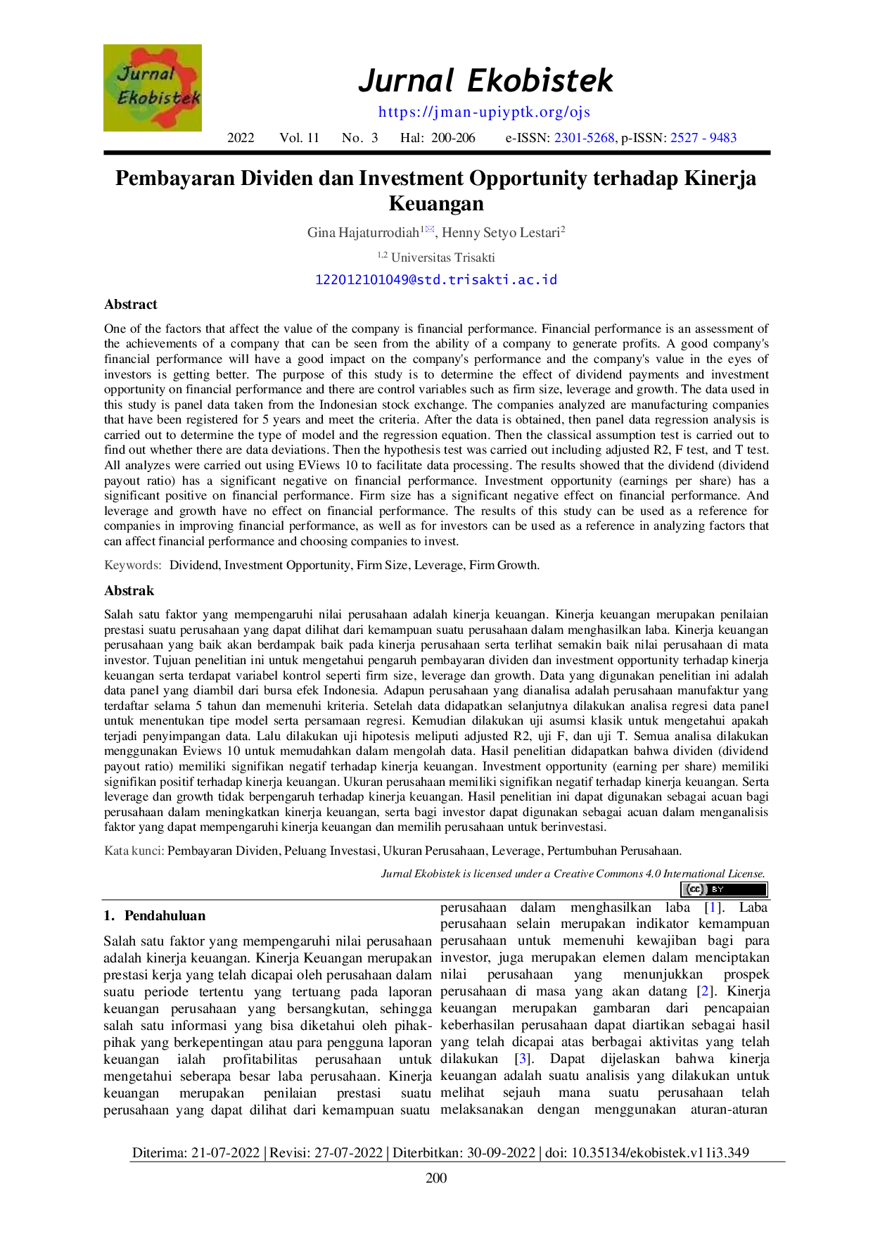 JURIS Pembayaran Dividen dan Investment Opportunity terhadap Kinerja Keuangan