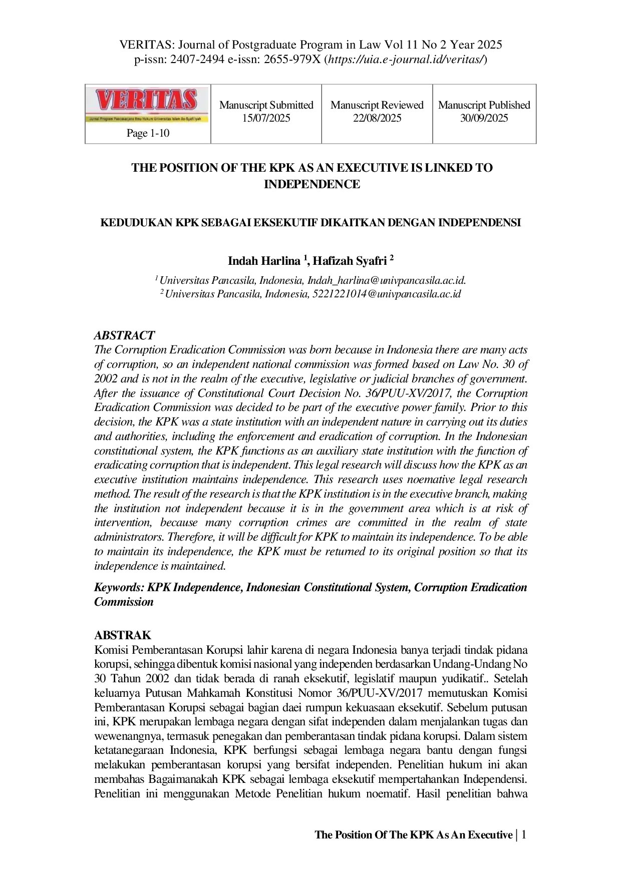 JURIS The Position Of The Kpk As An Executive Is Linked To Independence