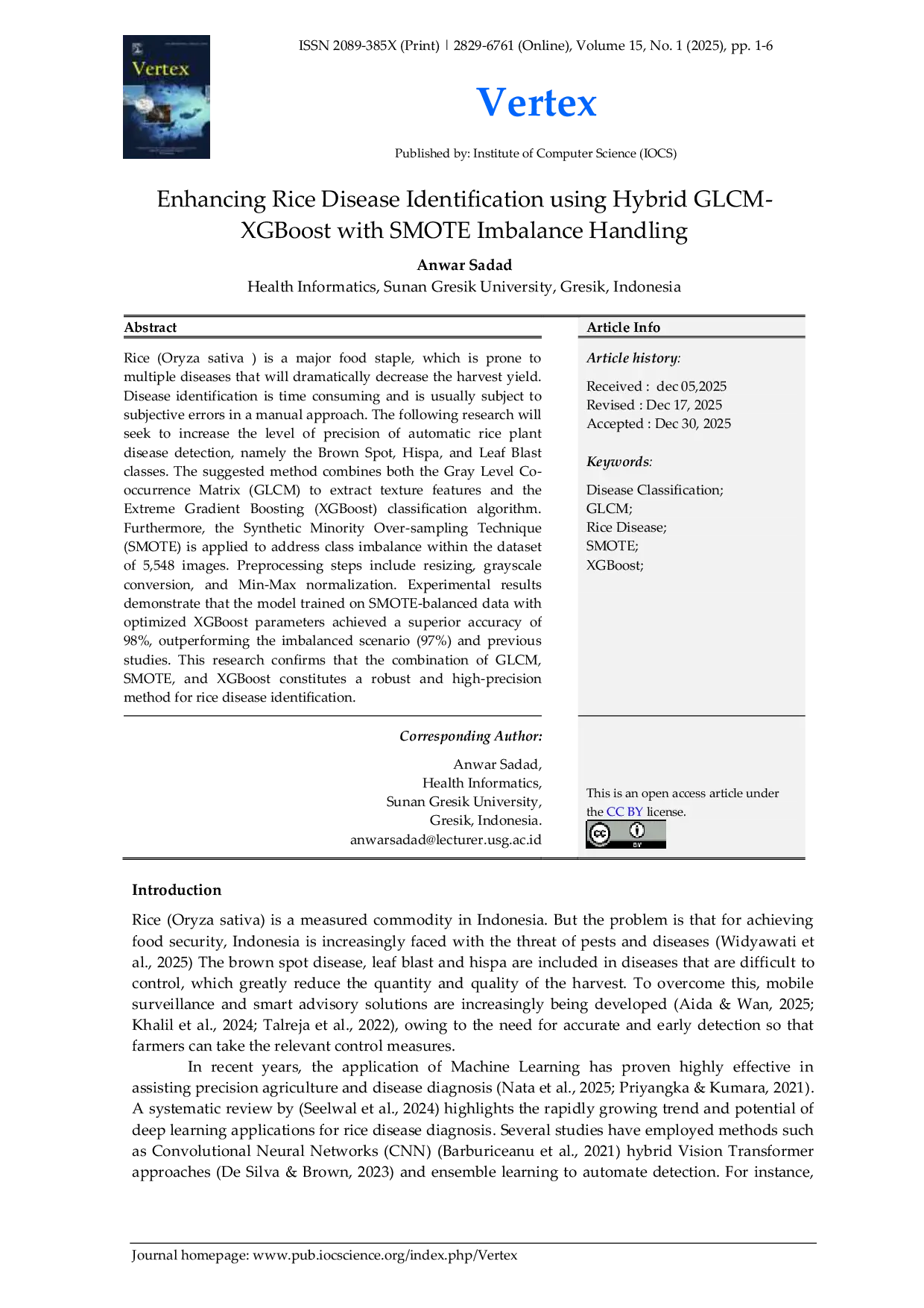 JURIS Enhancing Rice Disease Identification using Hybrid GLCM XGBoost with SMOTE Imbalance Handling