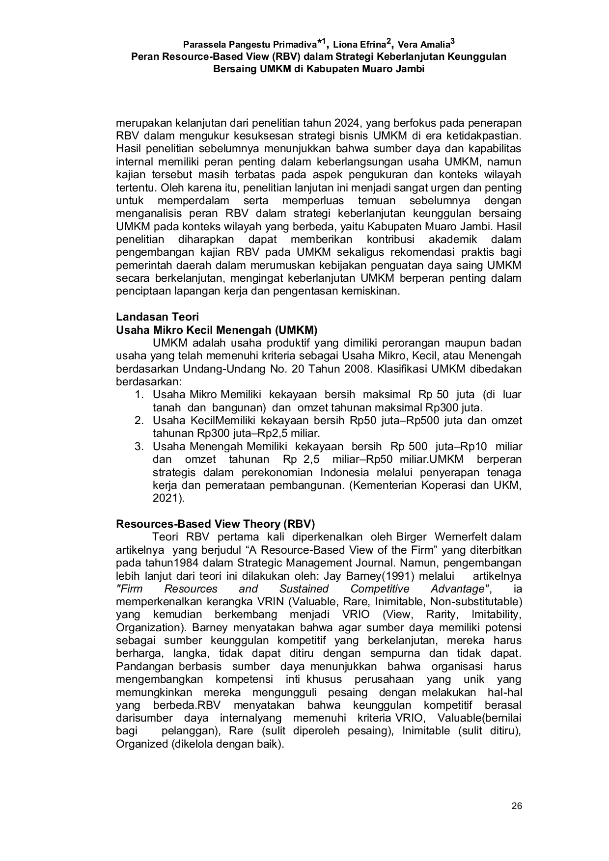 JURIS Peran Resource Based View RBV dalam Strategi Keberlanjutan Keunggulan Bersaing UMKM di Kabupaten Muaro Jambi