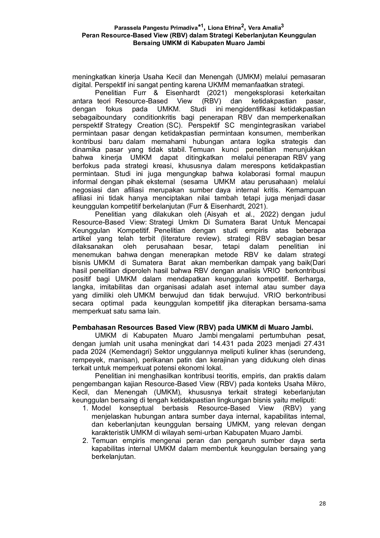 JURIS Peran Resource Based View RBV dalam Strategi Keberlanjutan Keunggulan Bersaing UMKM di Kabupaten Muaro Jambi
