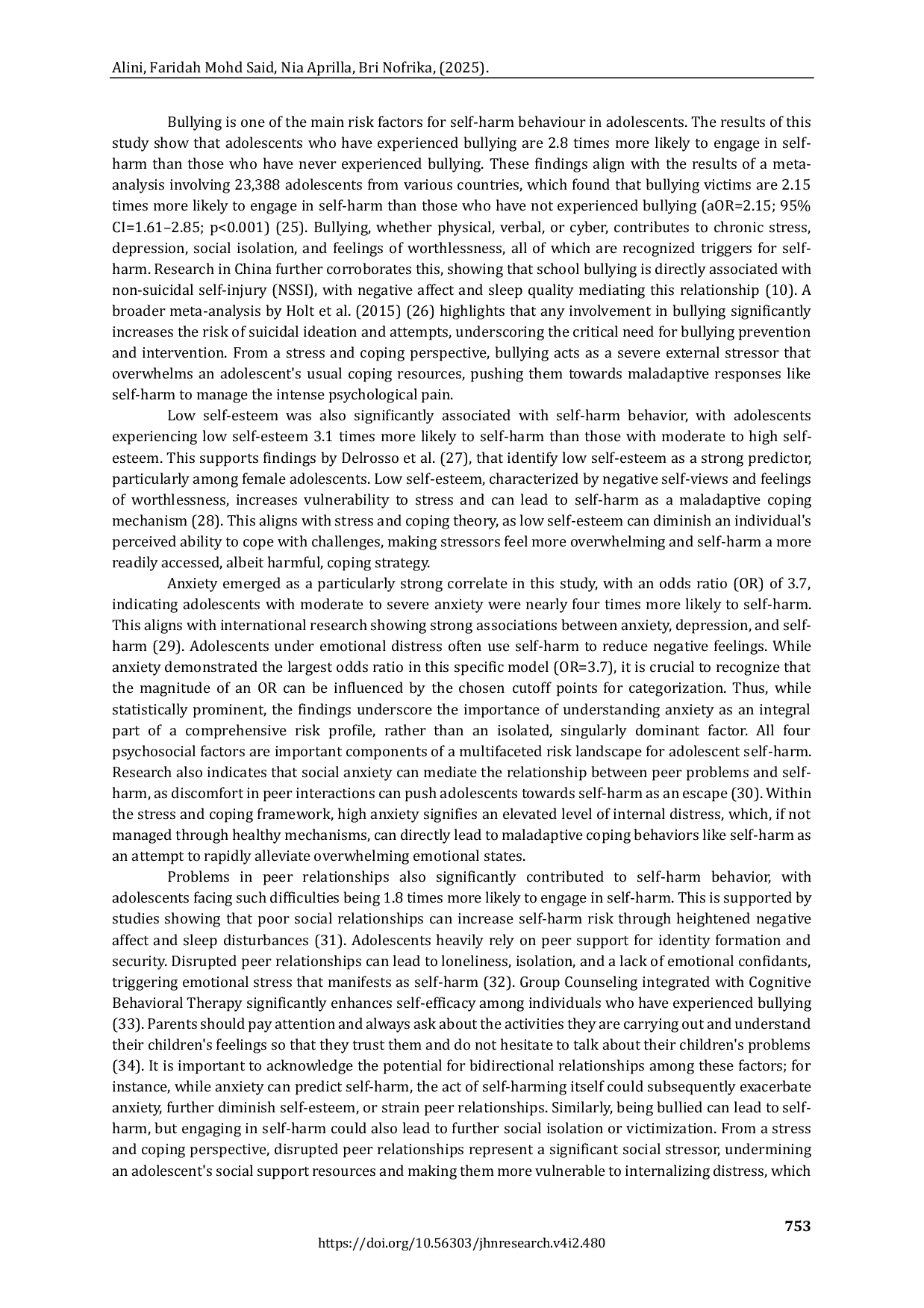 JURIS Anxiety Self Esteem Bullying and Peer Problems as Correlates of Self Harm Behavior Among Adolescents in Kampar Regency Riau Province Indonesia