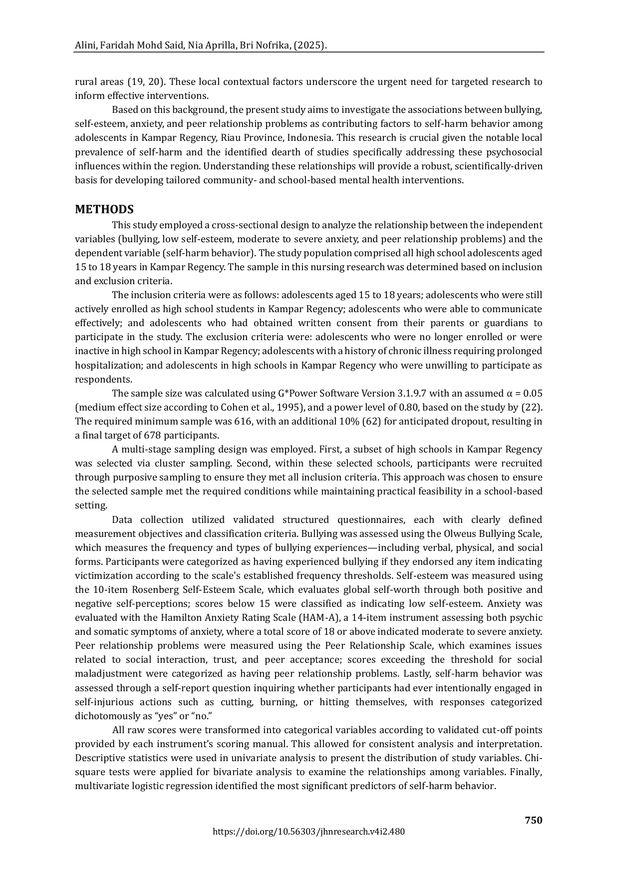 JURIS Anxiety Self Esteem Bullying and Peer Problems as Correlates of Self Harm Behavior Among Adolescents in Kampar Regency Riau Province Indonesia