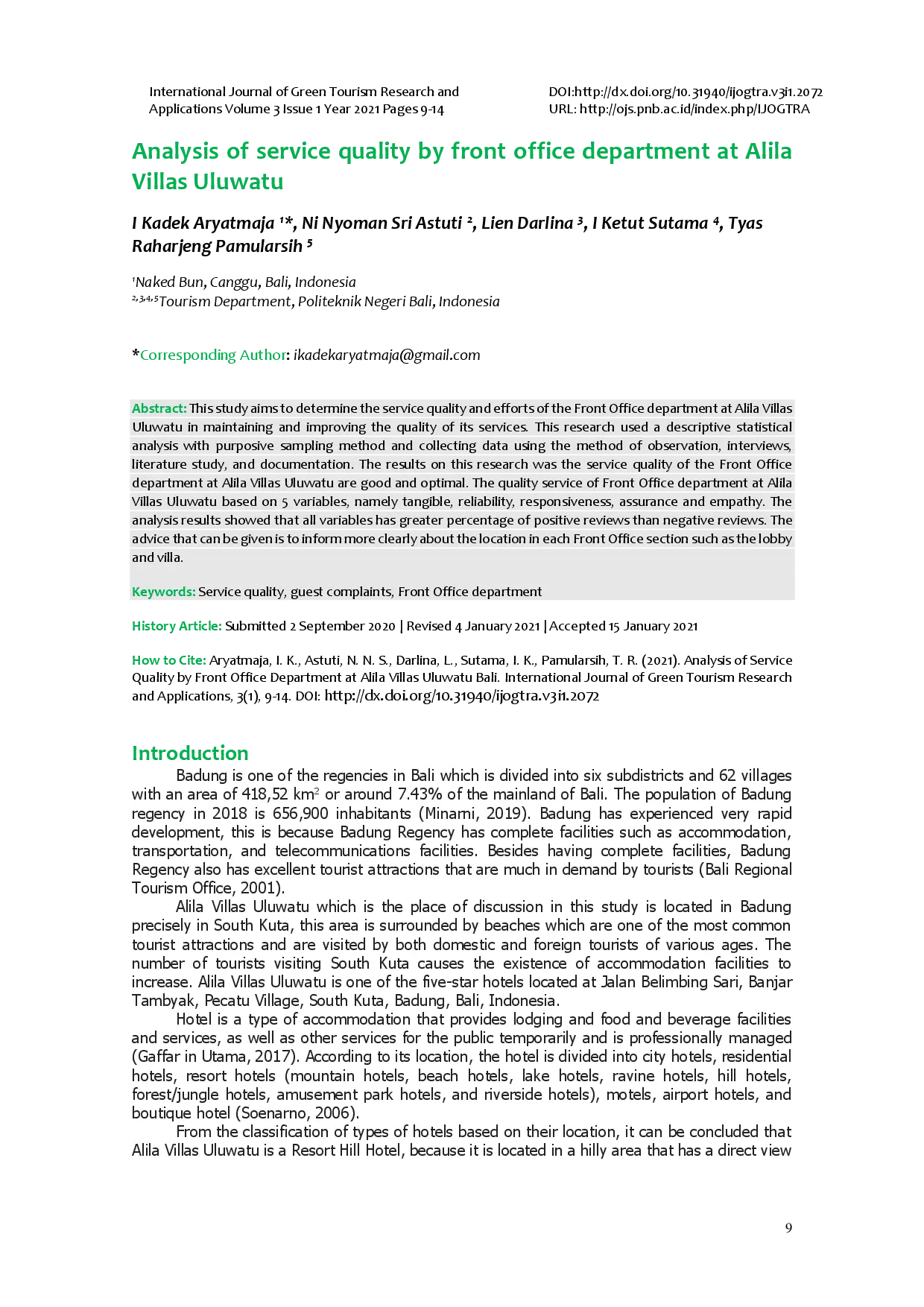 juris Analysis of Service Quality by Front Office Department at Alila Villas Uluwatu