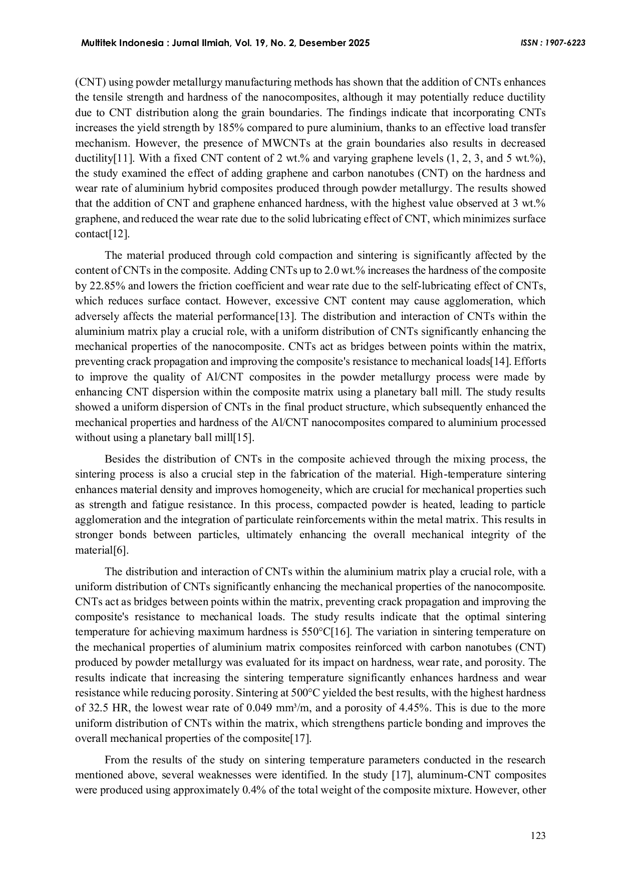JURIS The Effect Of Sintering Temperature On The Hardness And Wear Tests Of Aluminum Matrix Composites Reinforced With Mwcnt Nanoparticles