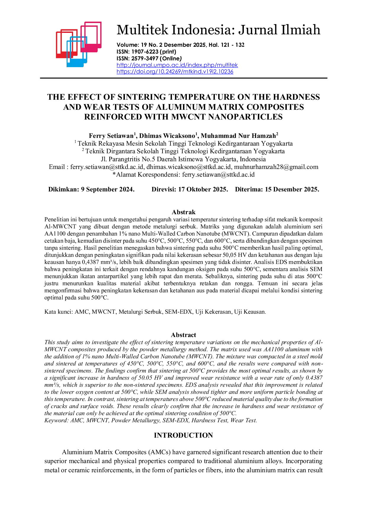 JURIS The Effect Of Sintering Temperature On The Hardness And Wear Tests Of Aluminum Matrix Composites Reinforced With Mwcnt Nanoparticles