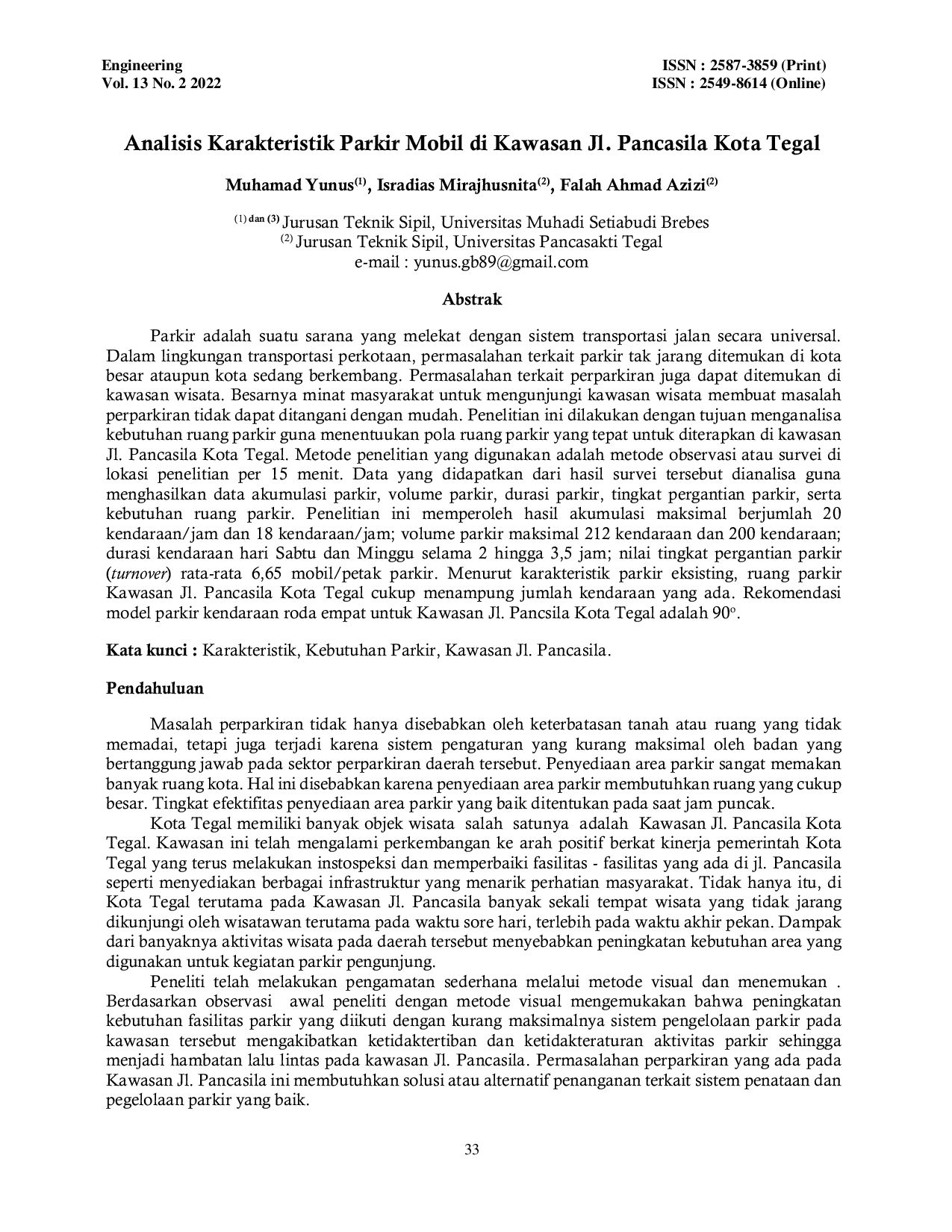 JURIS Analisis Kapasitas Ruang Parkir Mobil di Kawasan Jl Pancasila Kota Tegal